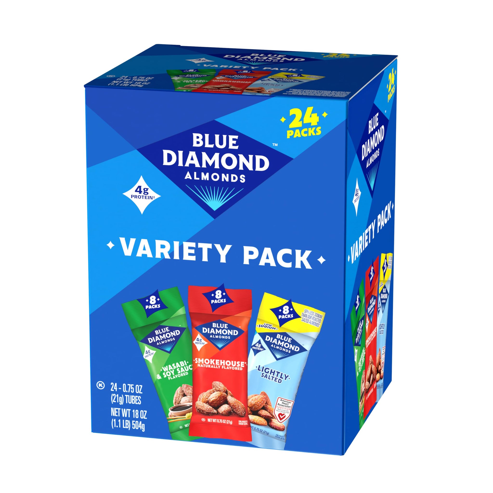 Blue Diamond Almonds Snack Nut Variety Pack for Kids, Office, School, On-the-go, 0.75 oz Gluten Free Individual Packs, Wasabi & Soy Sauce, Lightly