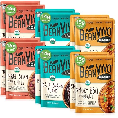 BeanVIVO - Variety 12 Pack (10 oz each) - Organic Baja Black Beans, Three Bean Vegan Chili, BBQ Pinto Beans - Seasoned & Ready to Eat, Plant Protein