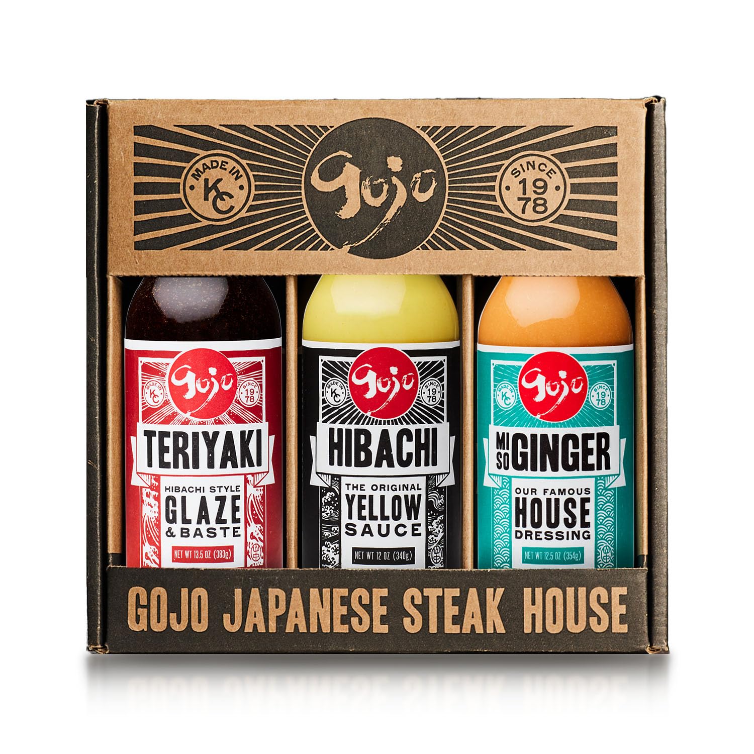 Gojo Japanese Steakhouse Sauce Variety Pack, Hibachi Sauce Gift Set with Teriyaki Glaze, Original Yellow Sauce and House Miso Ginger Dressing, 3 x 12