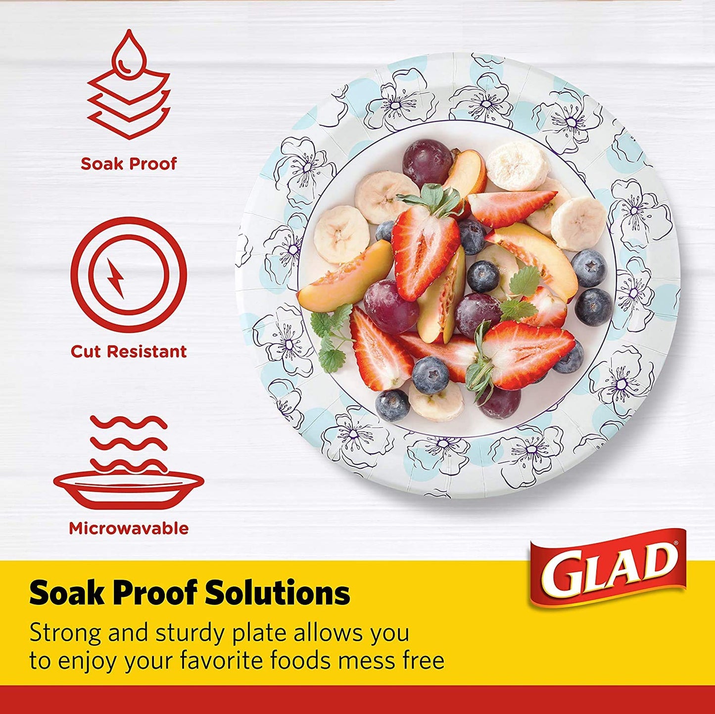 Glad 600-Count Round Paper Plates, 10 Inch Blue Flower Design, 50 Ct x 12 Pack of Heavy Duty Soak Proof Cut Resistant Microwave Safe Plates for Meals