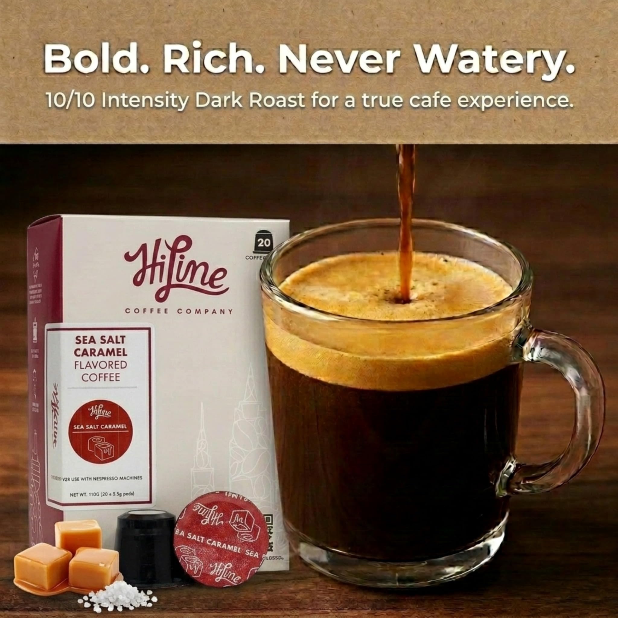 HiLine Coffee HiLine Espresso Coffee Pods, Salted Caramel Flavored Coffee, 20 Count Pack of 1 , Single Cup Espresso Capsules, Compatible