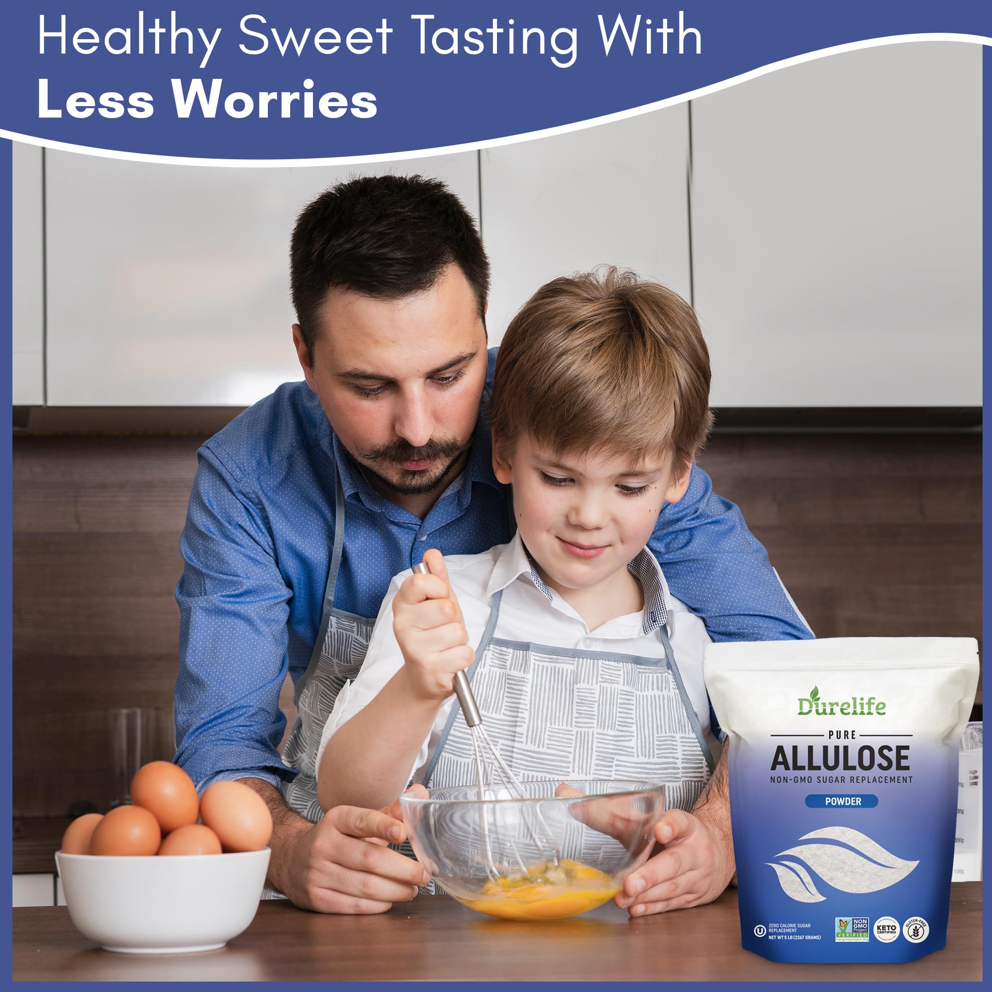Durelife Allulose sweetener, 5 lb 100% Pure No Erythritol powdered Sugar Substitute, NON-GMO Project Verified, Keto Certified, OU kosher, No Fillers, Zero Calories sugar alternative 5 Lbs
