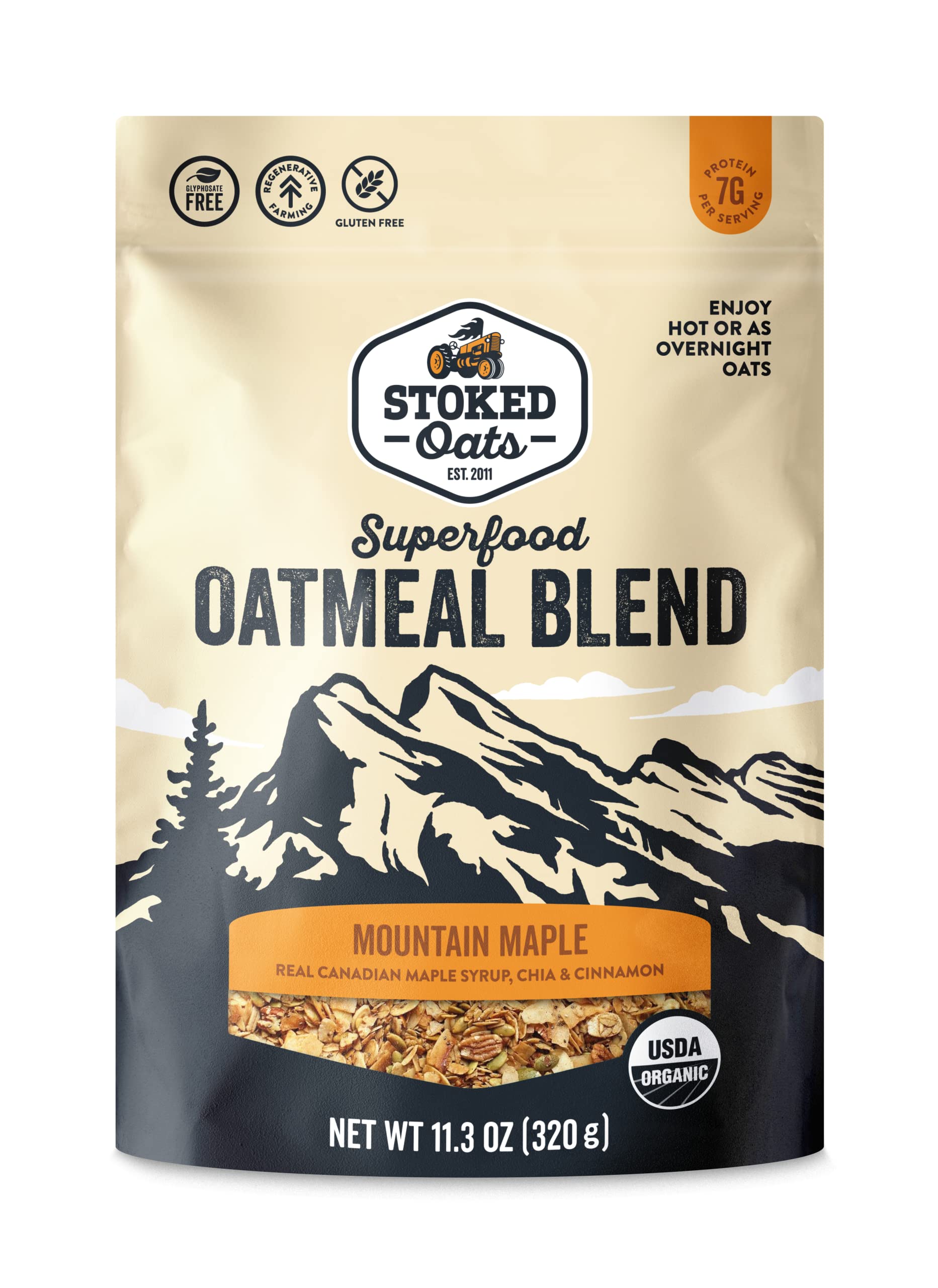 Stoked Oats - Mountain Maple High Protein, Low Sugar Breakfast - Gluten Free, High Fiber, Non GMO Oatmeal - Perfect for overnight oats (11.3oz)