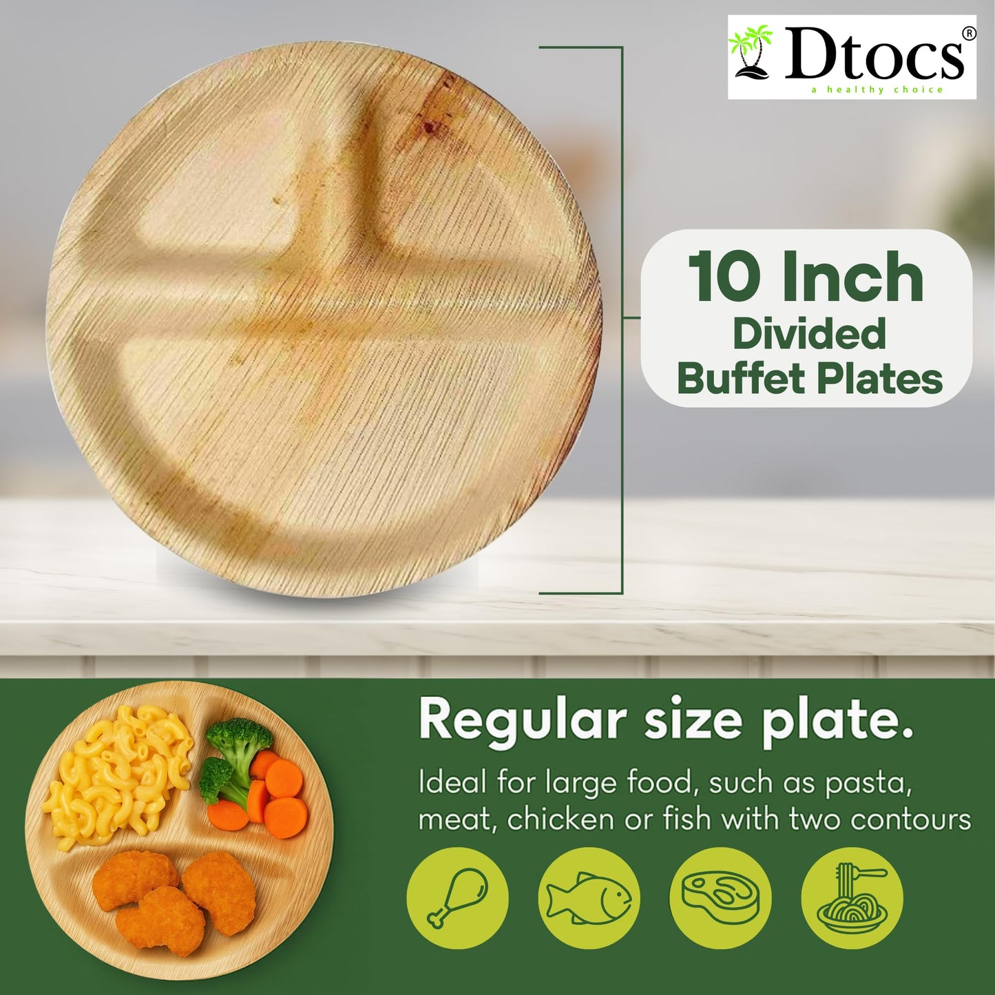 Dtocs 3 Compartment Plates (50 Pc) Palm Leaf 10 Inch Round Portion Control Buffet Sectional Plate | Bamboo Plates Disposable Like Compostable Camping