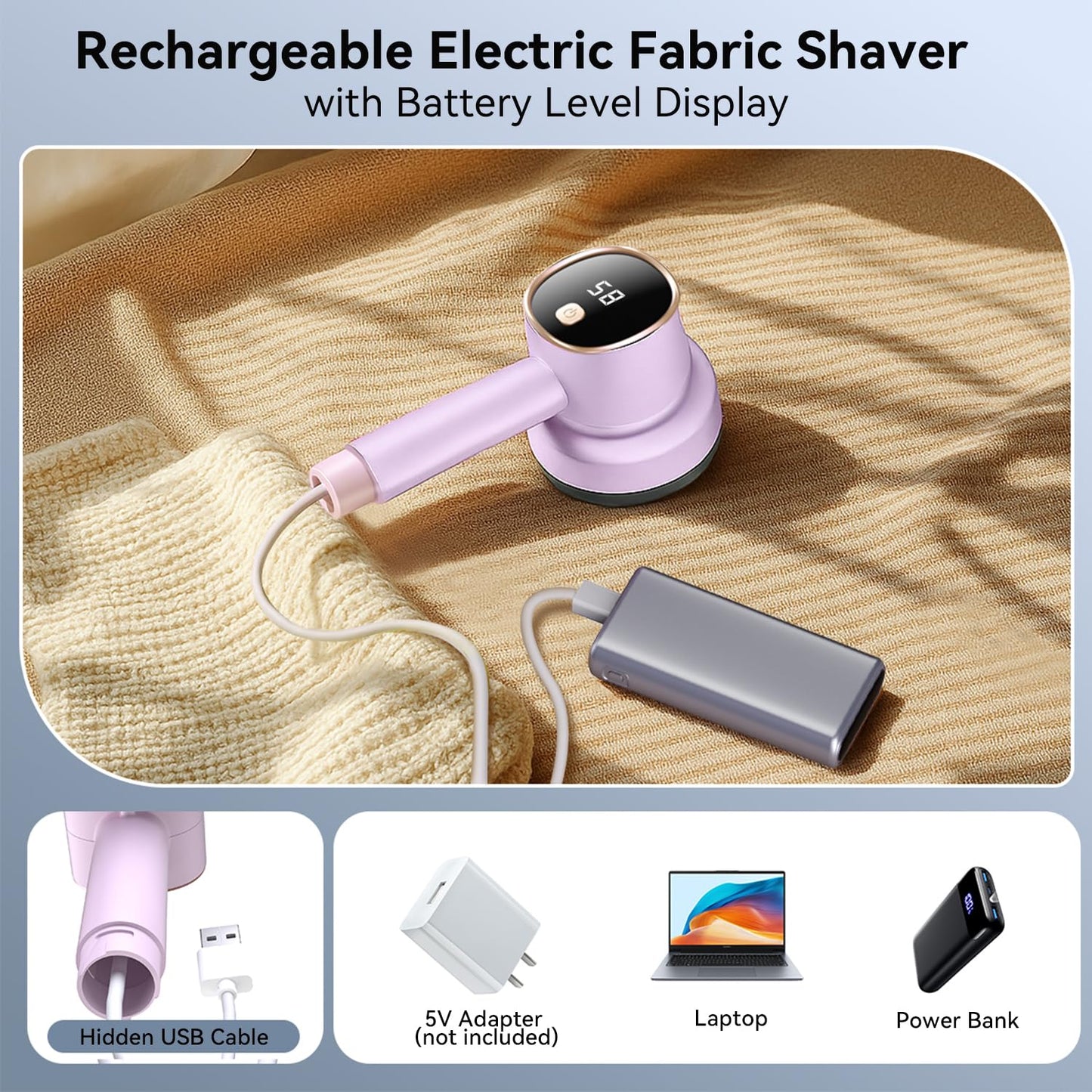 Smyeviva Rechargeable Fabric Shaver for Clothes: 6-Leaf Blades & 3 Speeds to Remove Pilling, Fuzz & Lint Balls - with LED Display, Portable Electric