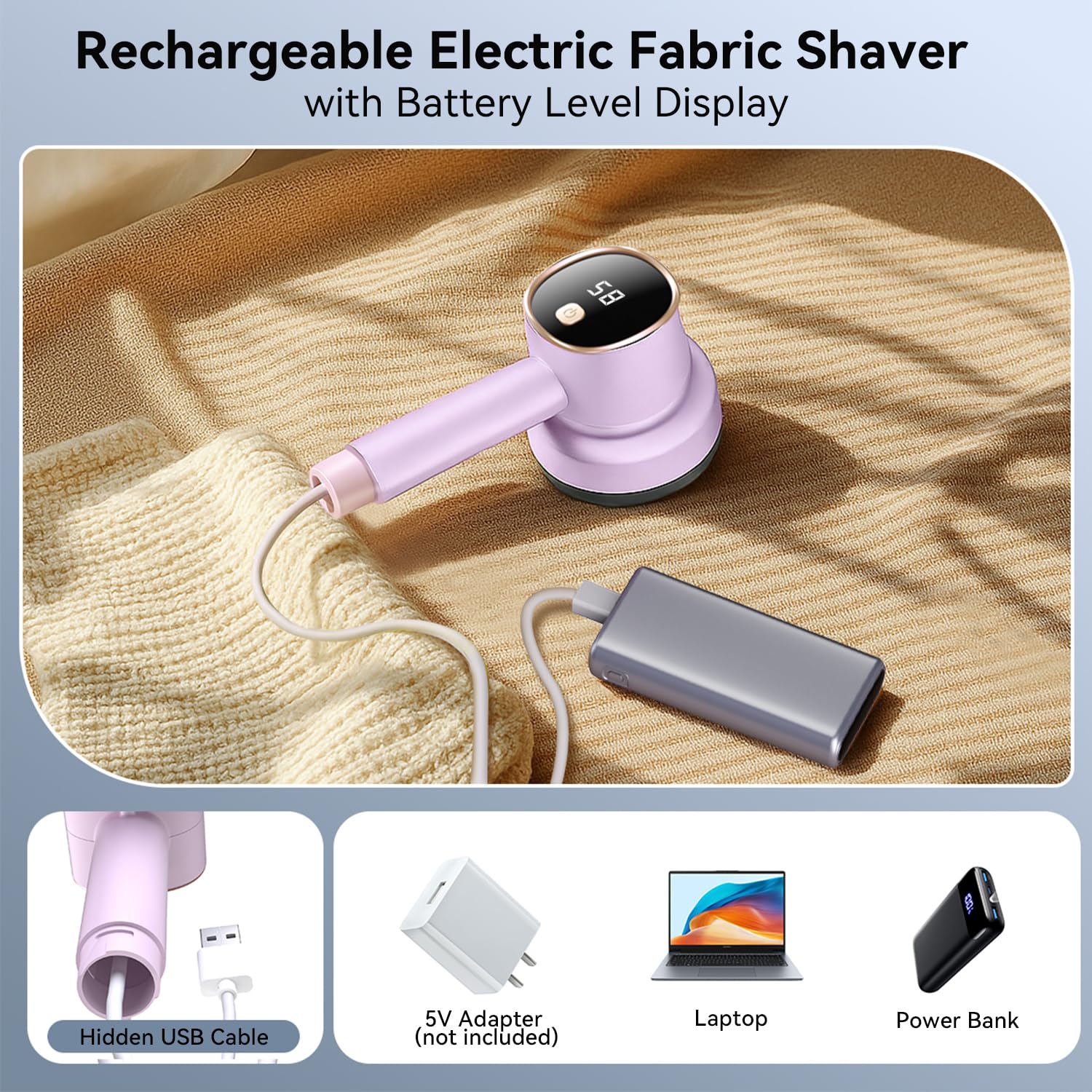 Smyeviva Rechargeable Fabric Shaver for Clothes: 6-Leaf Blades & 3 Speeds to Remove Pilling, Fuzz & Lint Balls - with LED Display, Portable Electric