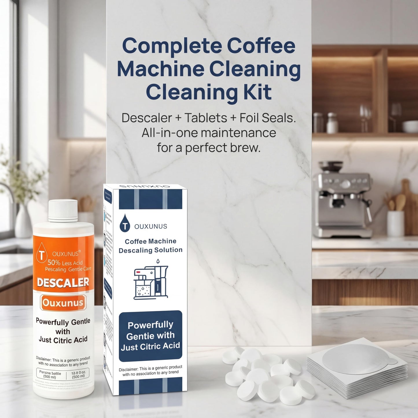 Ouxunus Complete Care Kit for Hard Water & Well Users, Compatible with Nespresso Vertuo Coffee Machines, 16.9 fl Oz Gentle Descaler (4 Uses), 8