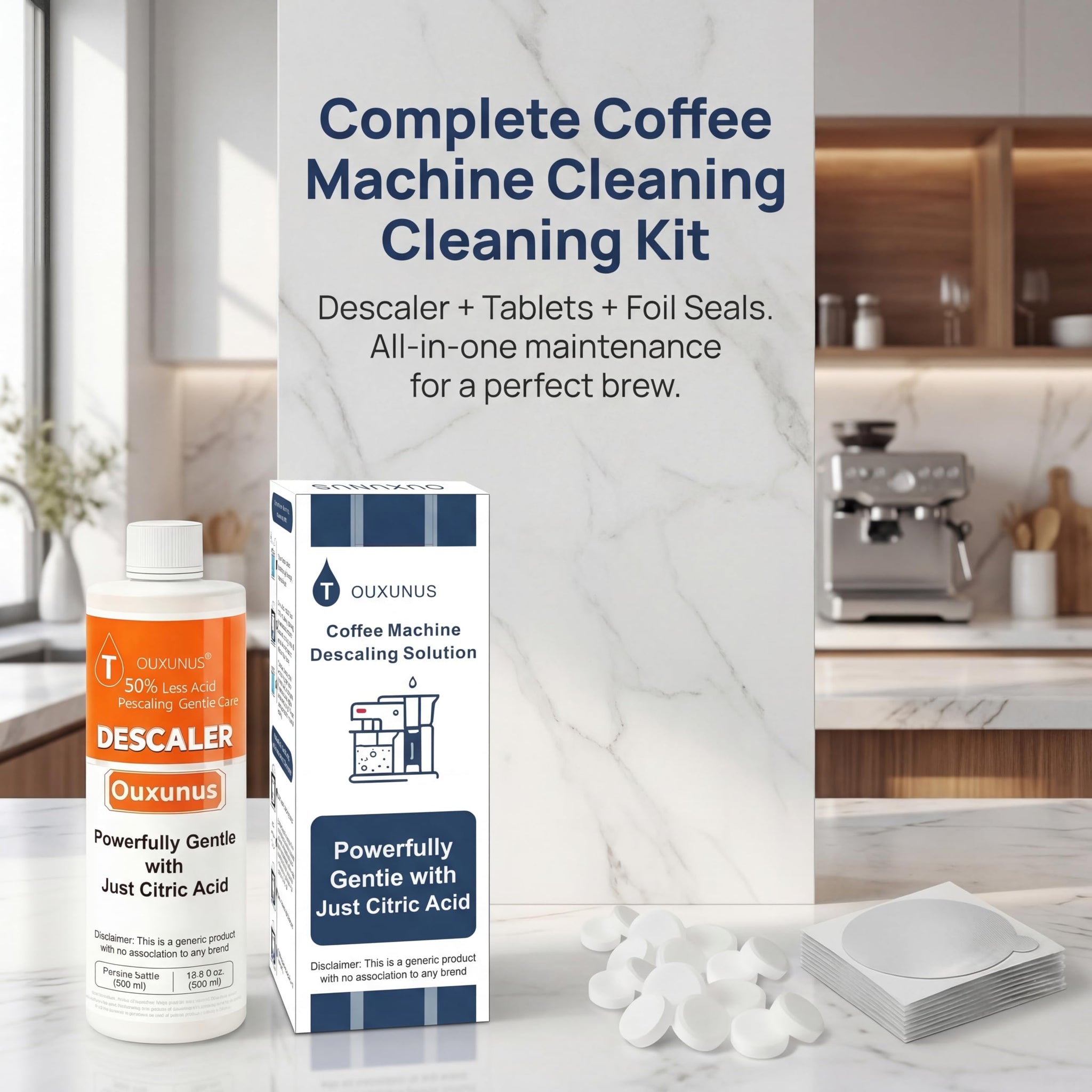 Ouxunus Complete Care Kit for Hard Water & Well Users, Compatible with Nespresso Vertuo Coffee Machines, 16.9 fl Oz Gentle Descaler (4 Uses), 8