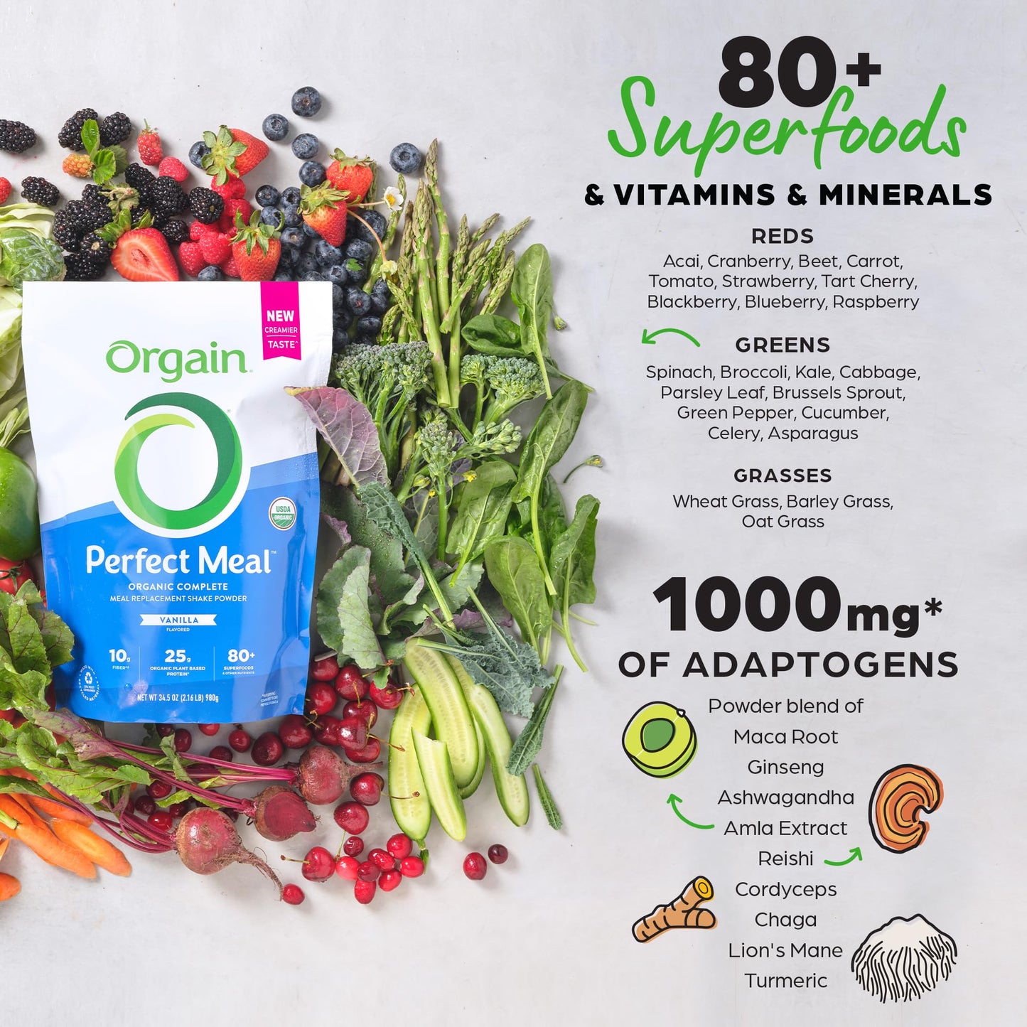 Orgain Perfect Meal, Organic, Vegan Meal Replacement Protein Powder, Vanilla - 25g Plant Based Protein, 80+ Superfoods, 1B Probiotics & 10g Fiber