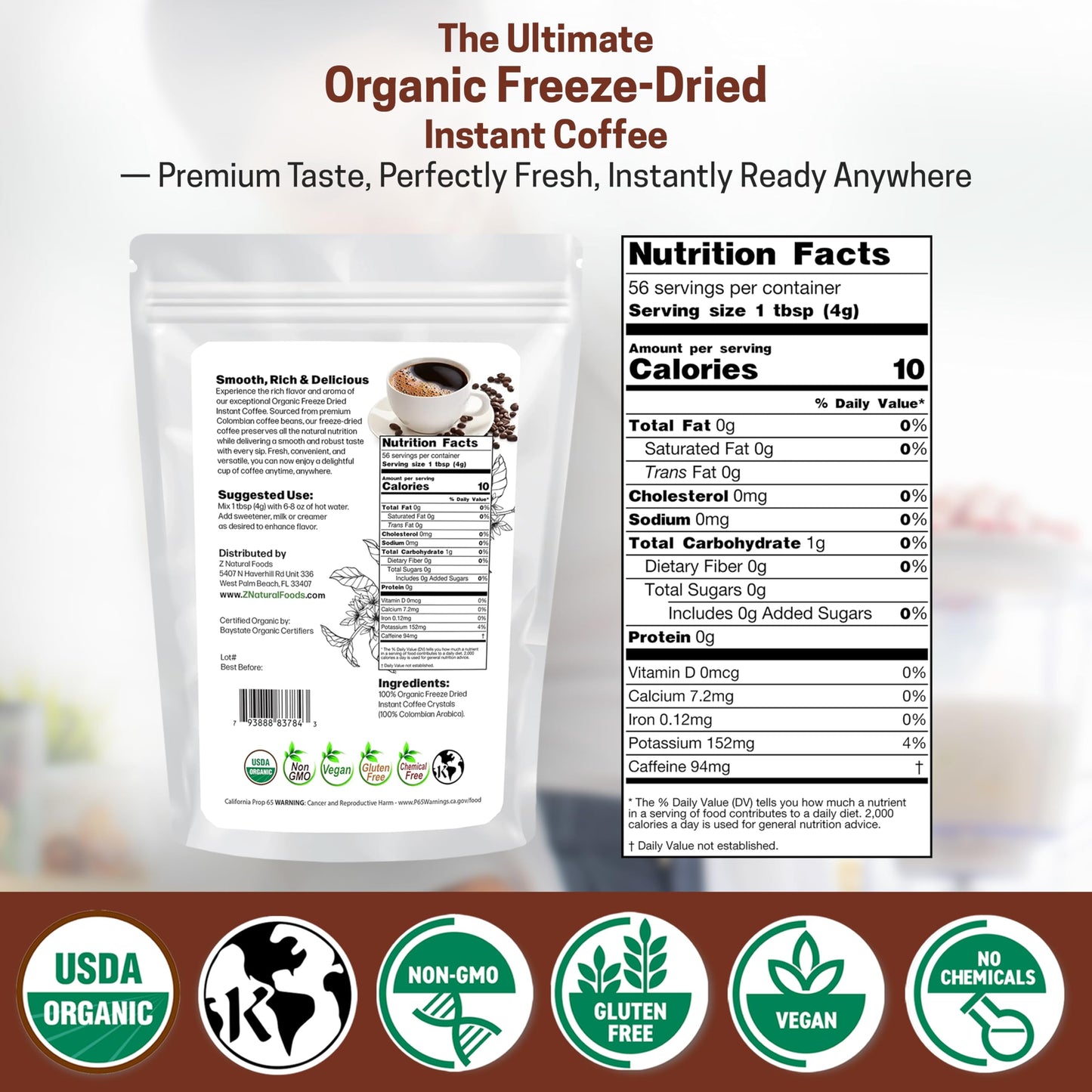 Z Natural Foods Freeze-Dried Organic Instant Coffee - Made from Medium Roast 100% Arabica Beans - Rich in Antioxidants - Boosts Mood, Energy, Memory