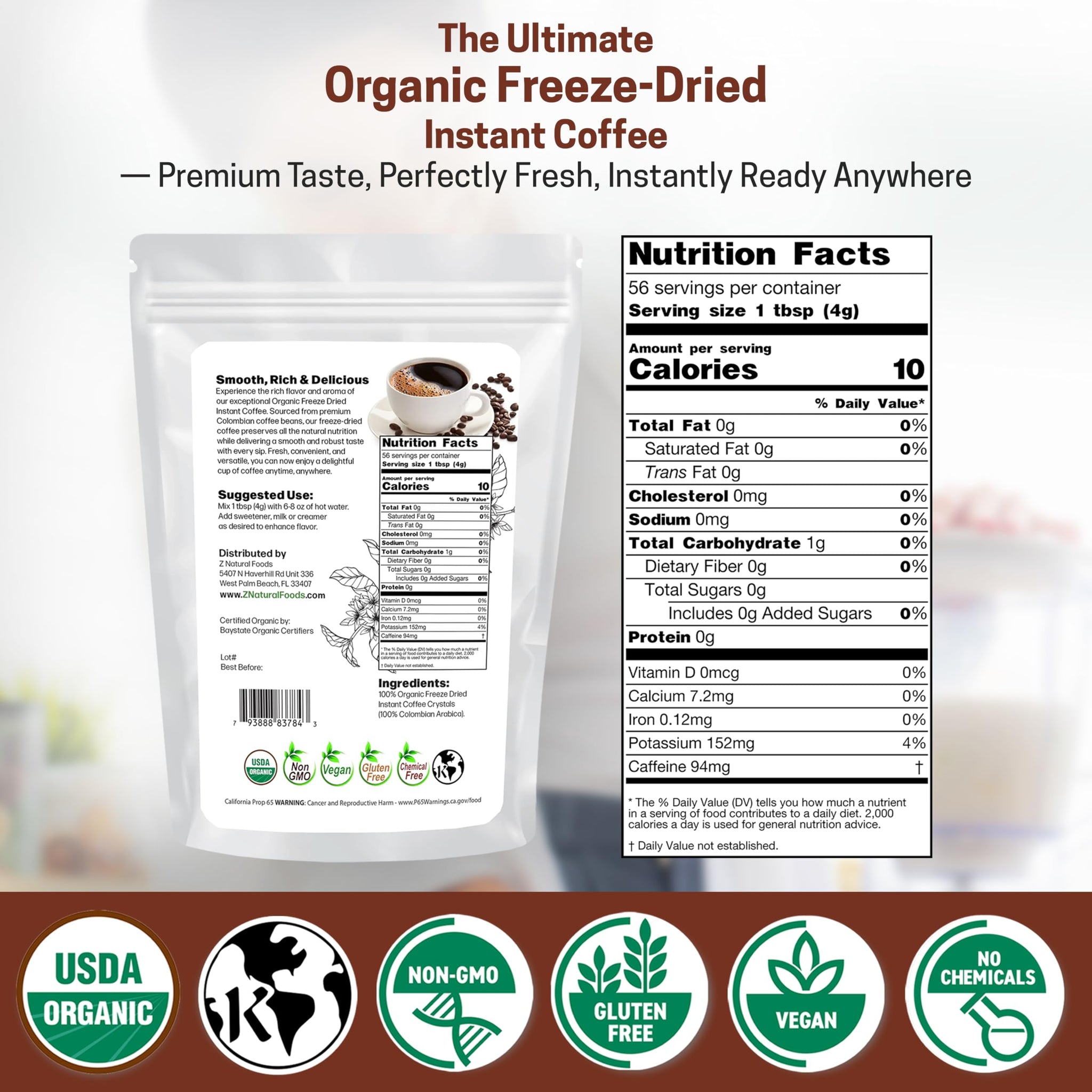 Z Natural Foods Freeze-Dried Organic Instant Coffee - Made from Medium Roast 100% Arabica Beans - Rich in Antioxidants - Boosts Mood, Energy, Memory