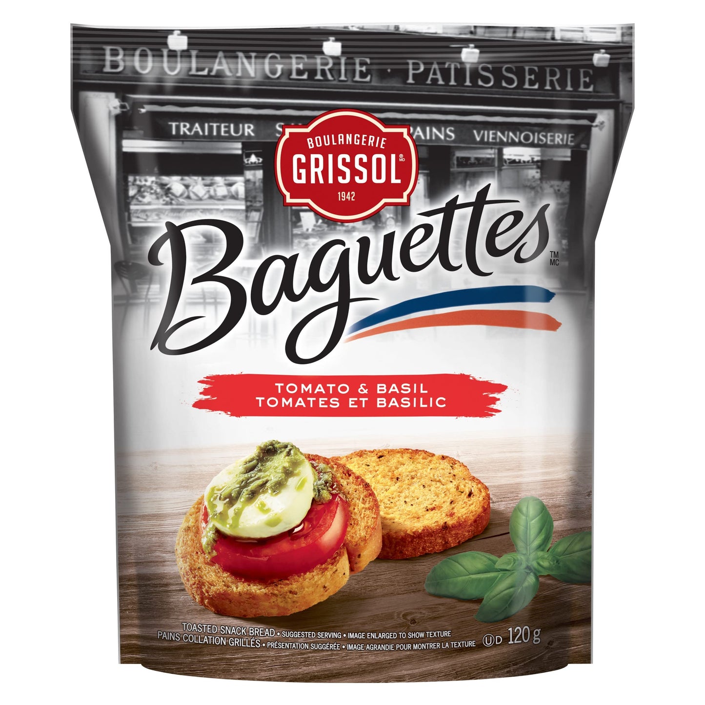 Boulangerie Grissol Baguettes, Tomato & Basil - Light and Crispy, Perfects as a Stand-Alone Snack or Topped 120g Unit Pack, Pack of 1