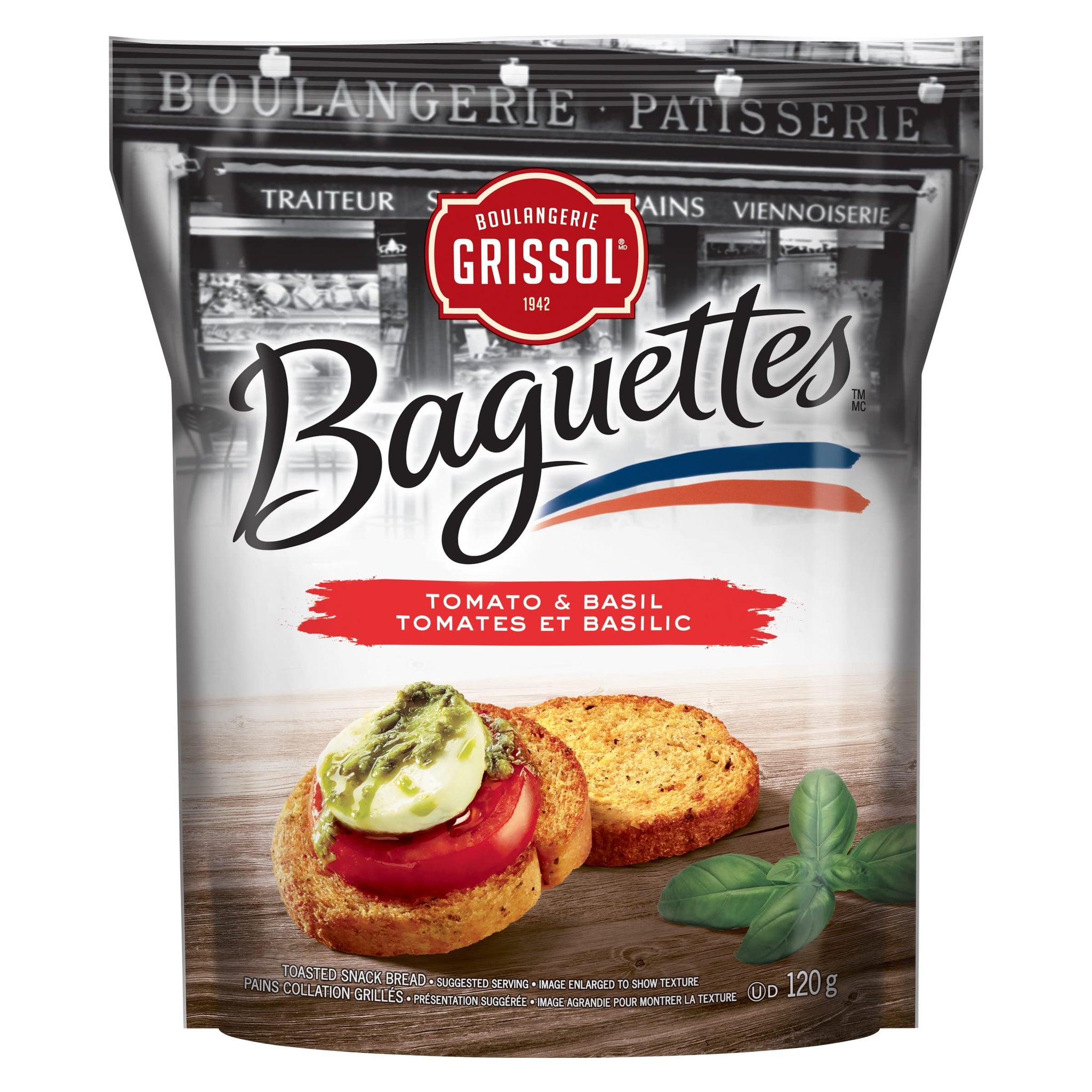 Boulangerie Grissol Baguettes, Tomato & Basil - Light and Crispy, Perfects as a Stand-Alone Snack or Topped 120g Unit Pack, Pack of 1