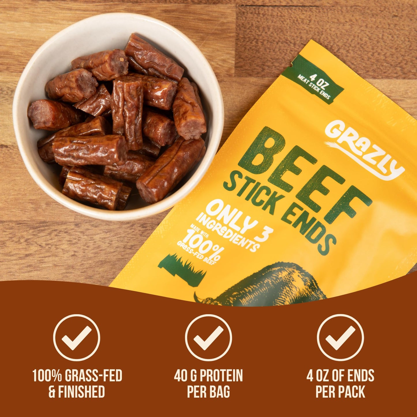 Grazly Plain Beef Stick Ends - Made With Only Grass-Fed Beef, Spring Salt & Collagen Casing - Bite-Sized High-Protein Meat Snack, 10g of Protein Per