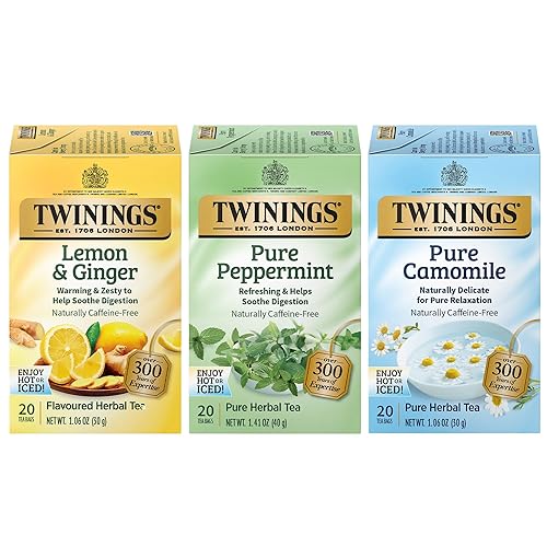 Twinings Herbal Tea Variety 3-Pack - Pure Peppermint, Pure Camomile + Lemon & Ginger Tea Bags, Naturally Caffeine-Free, 20 Count Each