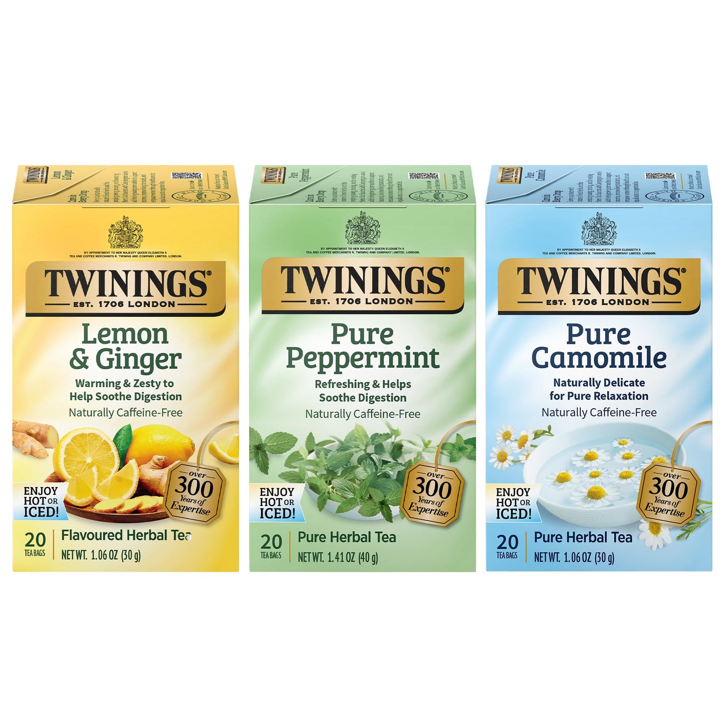 Twinings Herbal Tea Variety 3-Pack - Pure Peppermint, Pure Camomile + Lemon & Ginger Tea Bags, Naturally Caffeine-Free, 20 Count Each