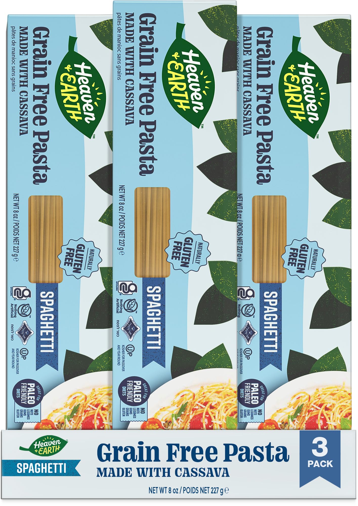 Heaven & Earth Grain Free Pasta, Cassava Spaghetti Pasta, 8oz (3 Pack) | Paleo Pasta | Vegan | Certified Gluten Free | Kosher for Passover