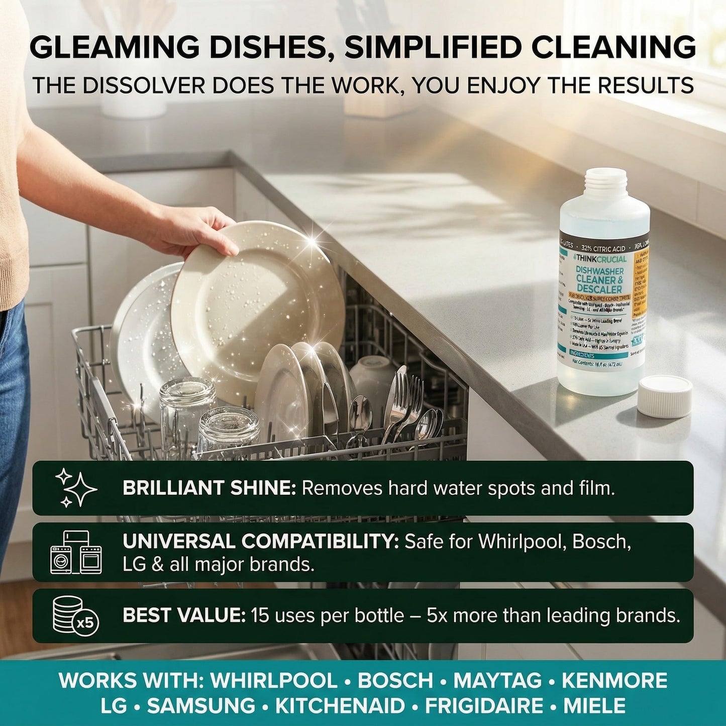 Think Crucial Dishwasher Cleaner & Descaler, 15 Uses, 75% Savings Per Use - 32% Citric Acid Liquid Concentrate - Whirlpool, Bosch, KitchenAid