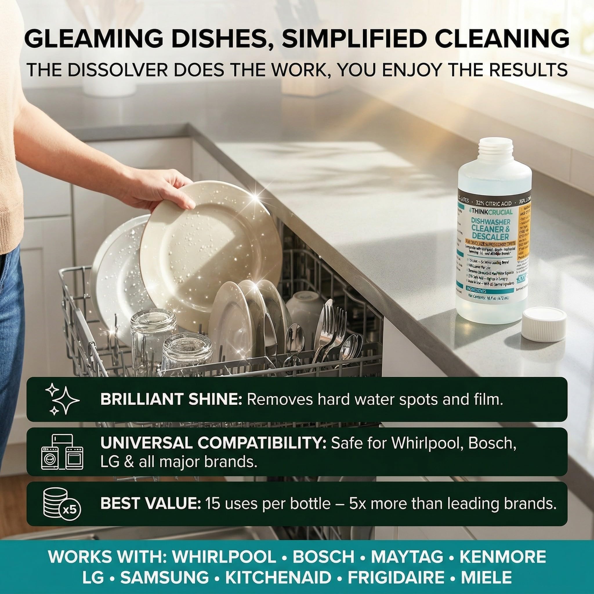 Think Crucial Dishwasher Cleaner & Descaler, 15 Uses, 75% Savings Per Use - 32% Citric Acid Liquid Concentrate - Whirlpool, Bosch, KitchenAid