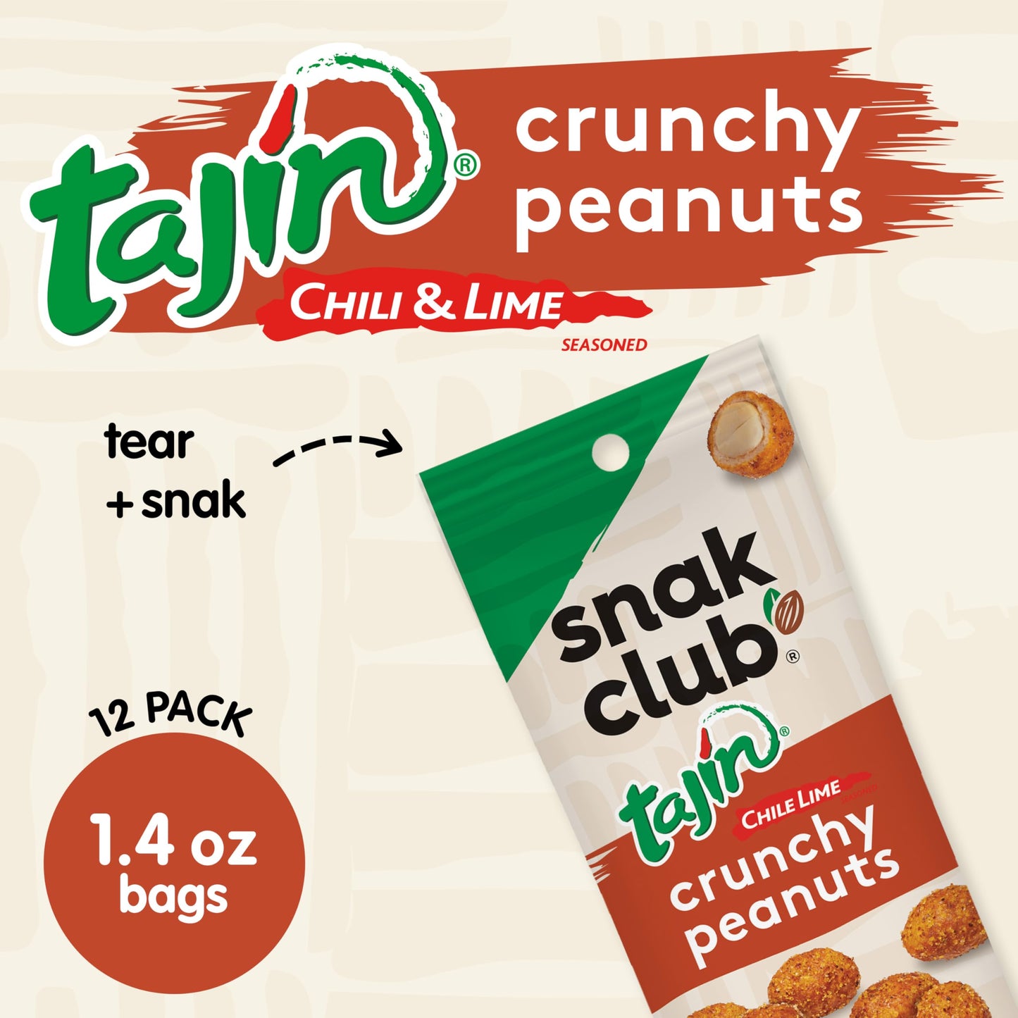 Snak Club Tajin Crunchy Peanuts, Nuts with Chili and Lime Seasoning, Mild, 1.4 oz Bags, 12 Pack