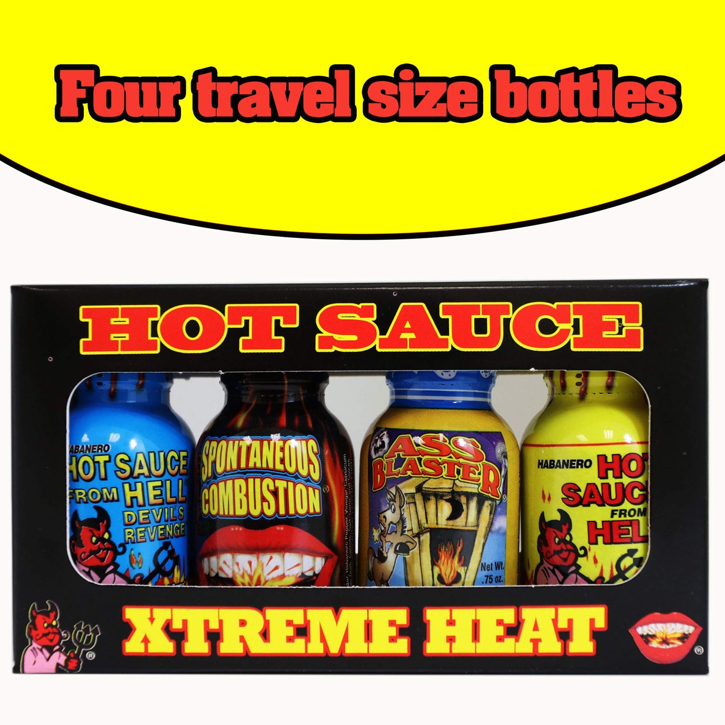 Xtreme Heat Hot Sauce Bottles Gourmet Gift Set Travel Size - 4 Pack - Try if you dare! - Perfect Gourmet Christmas Gifts for the Hot Sauce Fan