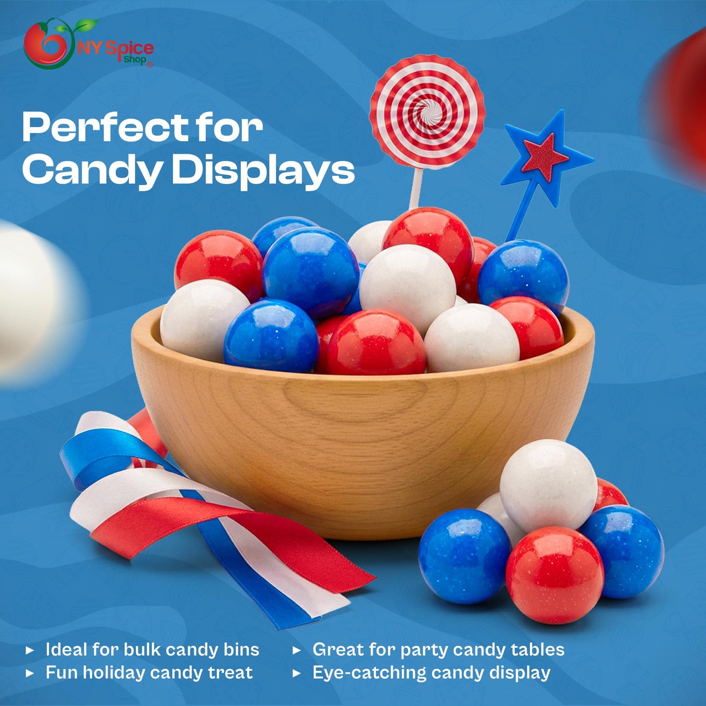 NY Spice Shop Red, White & Blue Gumballs - 1 Inch Large Gumballs For Gumball Machine - Gumball Vending Machine Refills Candy - 50 Pcs Double Bubble