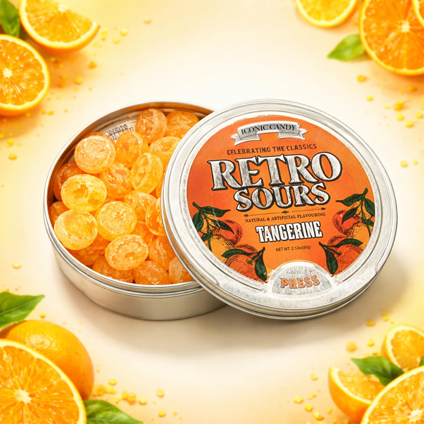 Retro Sours Tangerine Drops (3 Pack) - Nostalgic Hard Citrus Treats in Reusable Tins - Tangy Tangerine Flavor Pieces - Retro Style Pocket Tins