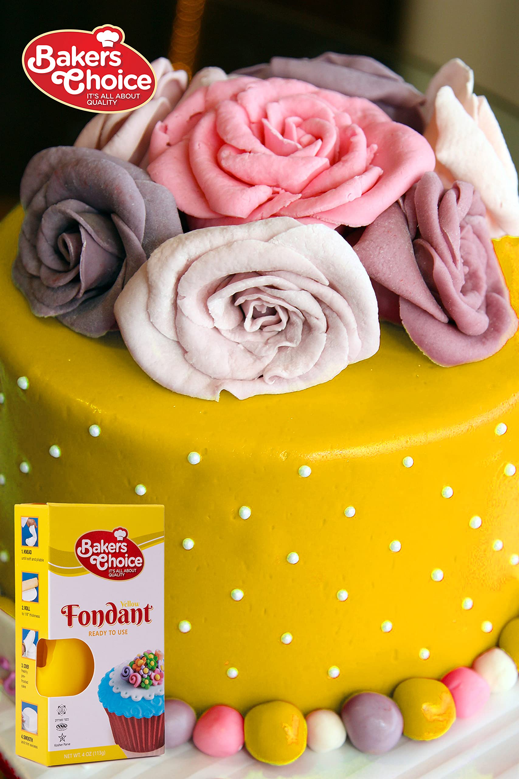 Baker's Choice, Yellow Fondant Icing 4 oz. Ready to Use Cake Decorating Frosting Easy To Roll, Moldable, Kosher, Dairy Free, and Nut Free Yellow