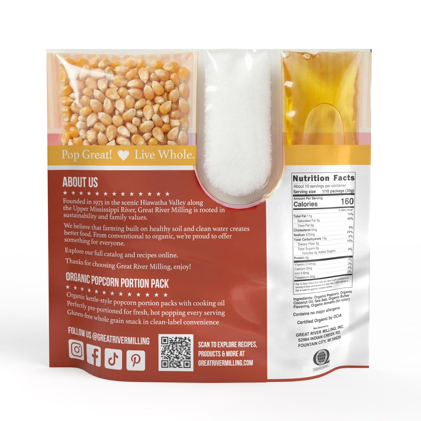 Great River Milling Organic Popcorn Portion Pack, 8 oz Pre-Measured Bags (24 Count) - Non-GMO, Gluten Free Popcorn Kernels, Made in USA - 8 oz