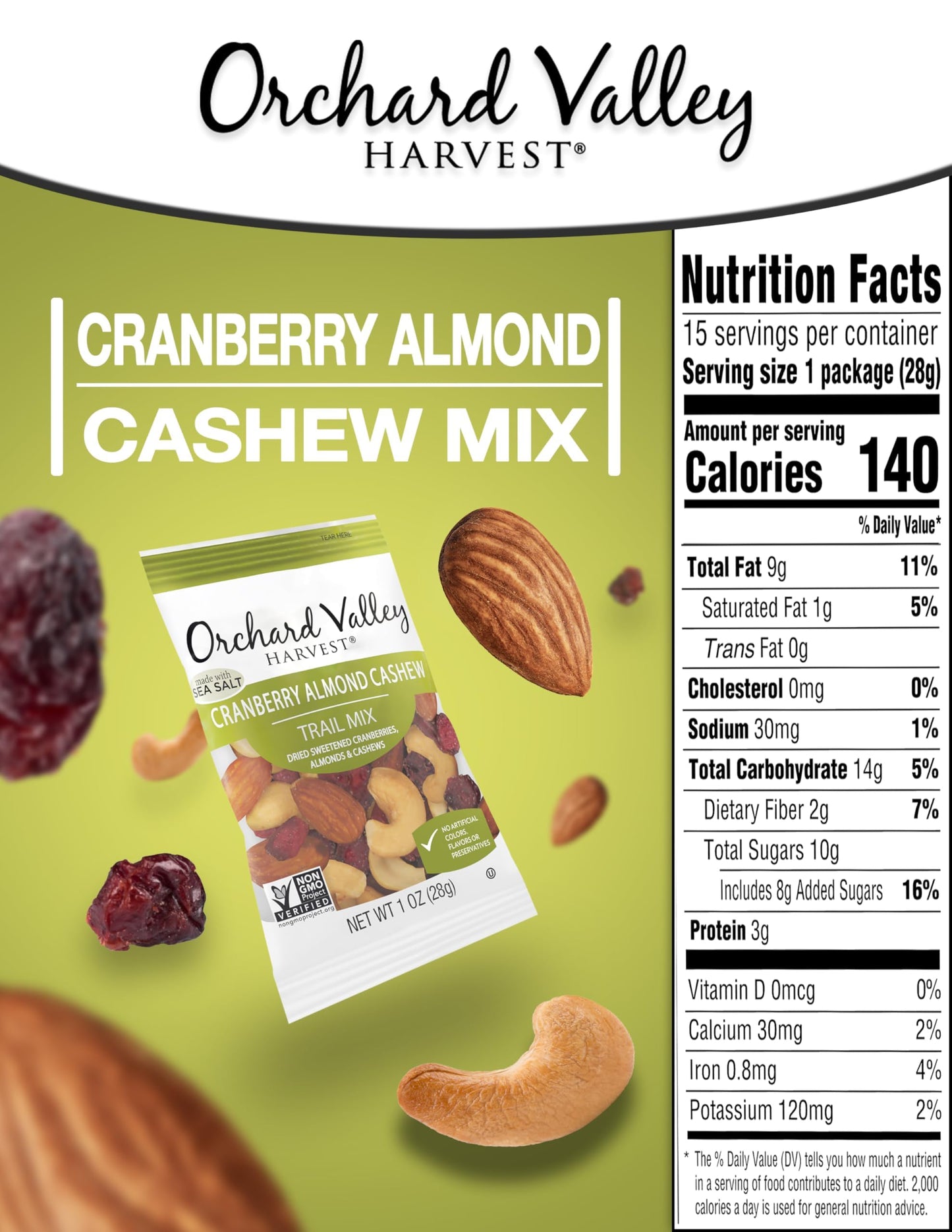 Orchard Valley Harvest Cranberry Almond Cashew Trail Mix, 1 Ounce (Pack of 15), Cranberries, Almonds, Cashews, Trail Mix Individual Packs, Snacks