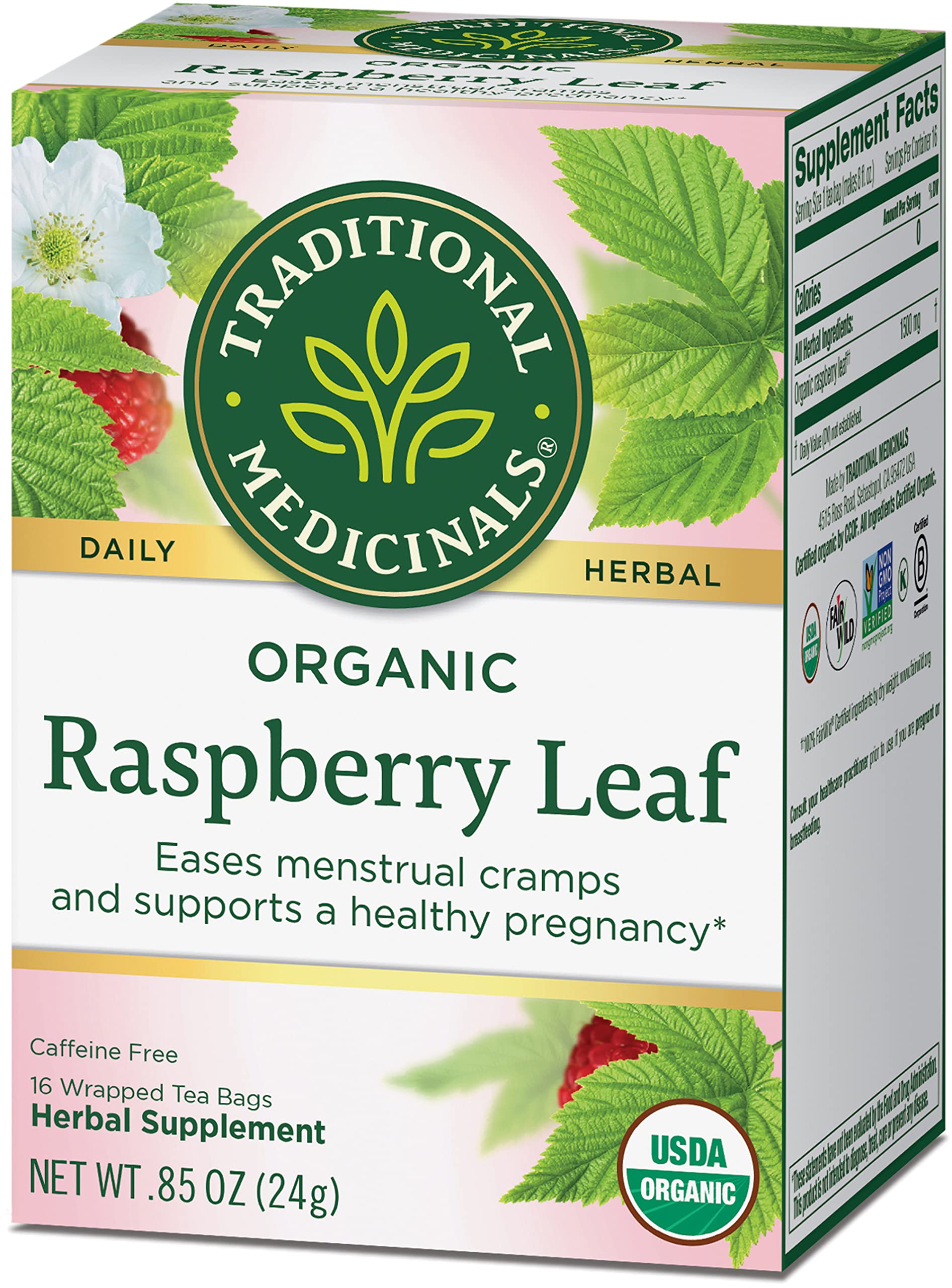 Traditional Medicinals Tea, Organic Raspberry Leaf, Eases Menstrual Cramps, Supports a Healthy Pregnancy, 16 Tea Bags