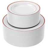 FOCUSLINE 120Pcs Rose Gold Plastic Plates, Disposable White and Rose Gold Rim Plastic Plates, Including 60 Dinner & Dessert Plate, Elegant Fancy Heavy