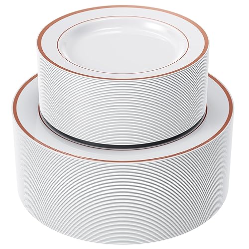 FOCUSLINE 120Pcs Rose Gold Plastic Plates, Disposable White and Rose Gold Rim Plastic Plates, Including 60 Dinner & Dessert Plate, Elegant Fancy Heavy