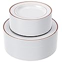 FOCUSLINE 120Pcs Rose Gold Plastic Plates, Disposable White and Rose Gold Rim Plastic Plates, Including 60 Dinner & Dessert Plate, Elegant Fancy Heavy