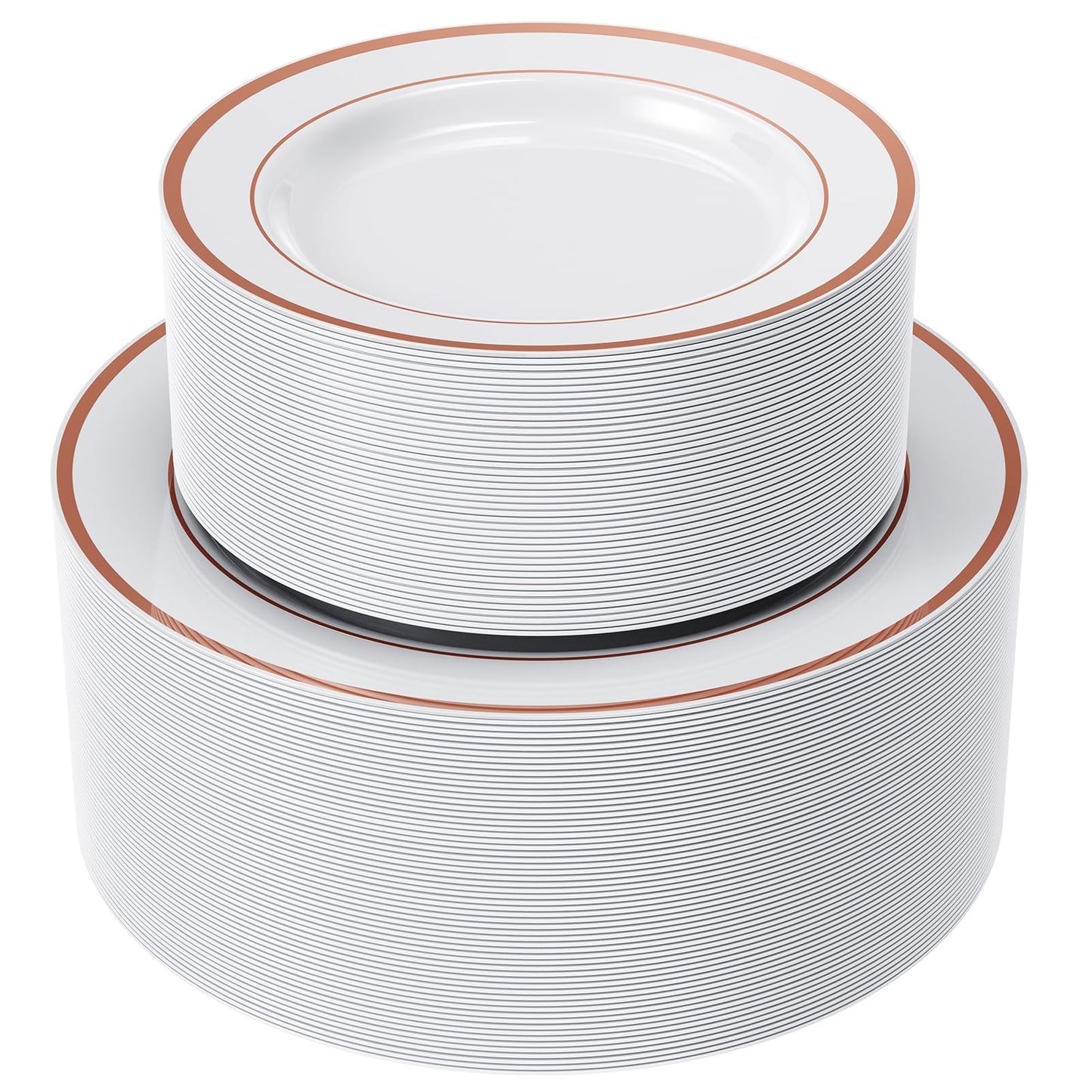 FOCUSLINE 120Pcs Rose Gold Plastic Plates, Disposable White and Rose Gold Rim Plastic Plates, Including 60 Dinner & Dessert Plate, Elegant Fancy Heavy