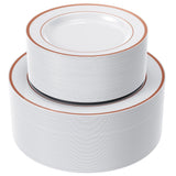 FOCUSLINE 120Pcs Rose Gold Plastic Plates, Disposable White and Rose Gold Rim Plastic Plates, Including 60 Dinner & Dessert Plate, Elegant Fancy Heavy