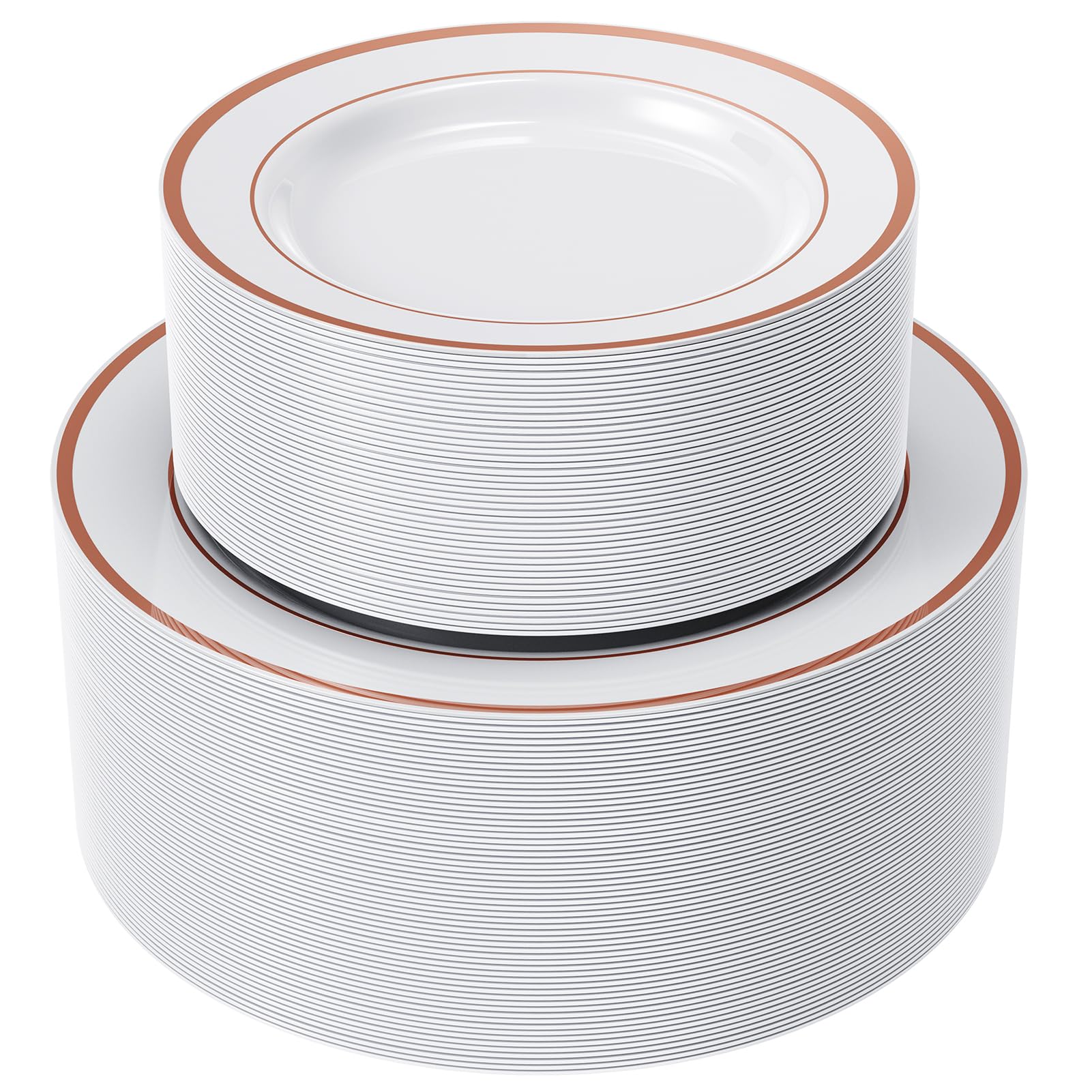 FOCUSLINE 120Pcs Rose Gold Plastic Plates, Disposable White and Rose Gold Rim Plastic Plates, Including 60 Dinner & Dessert Plate, Elegant Fancy Heavy