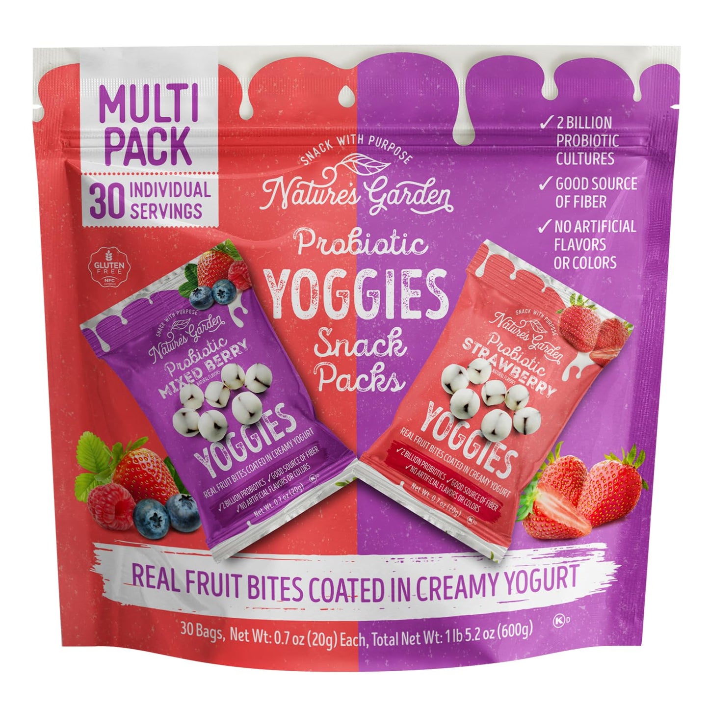 Nature's Garden Probiotic Yoggies Multi Pack, 21oz (Strawberry 15x0.7 oz + Mixed Berry 15x0.7 oz) Yogurt Covered Healthy Snack, High Fiber, Real Fruit