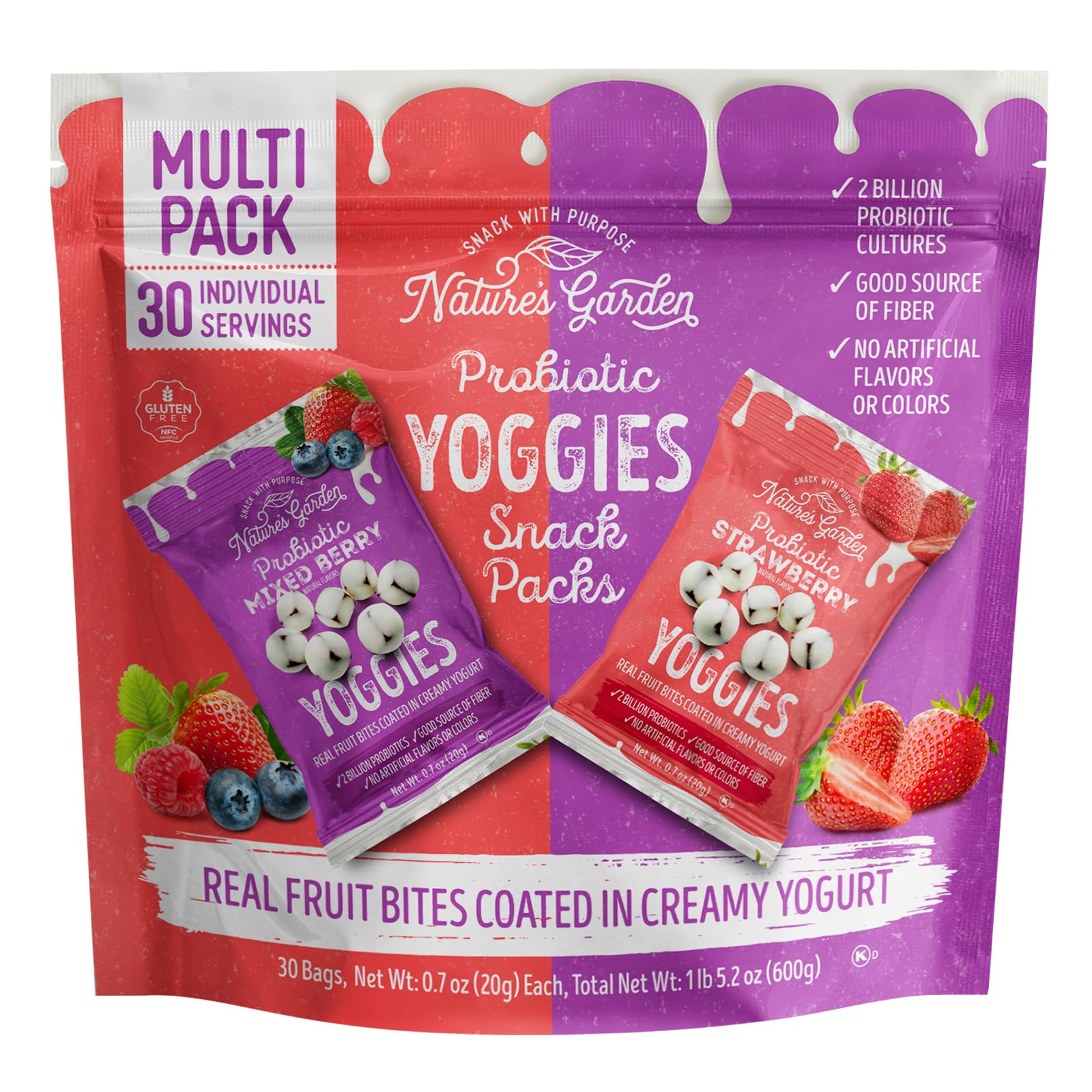 Nature's Garden Probiotic Yoggies Multi Pack, 21oz (Strawberry 15x0.7 oz + Mixed Berry 15x0.7 oz) Yogurt Covered Healthy Snack, High Fiber, Real Fruit