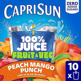 Capri Sun 100% Juice Fruit & Veg Juice Blend from Concentrate, 10 Pouches, for School Lunches and On-the-Go Hydration, Peach Mango Punch, All Natural
