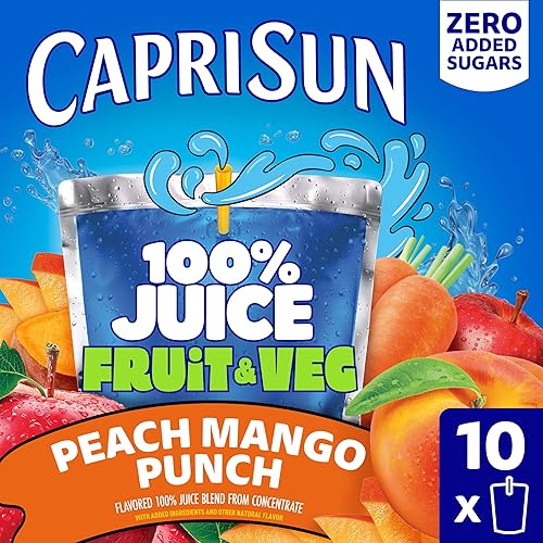 Capri Sun 100% Juice Fruit & Veg Juice Blend from Concentrate, 10 Pouches, for School Lunches and On-the-Go Hydration, Peach Mango Punch, All Natural