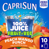 Capri Sun 100% Juice Fruit & Veg Juice Blend from Concentrate, 10 Pouches, for School Lunches and On-the-Go Hydration, Peach Mango Punch, All Natural