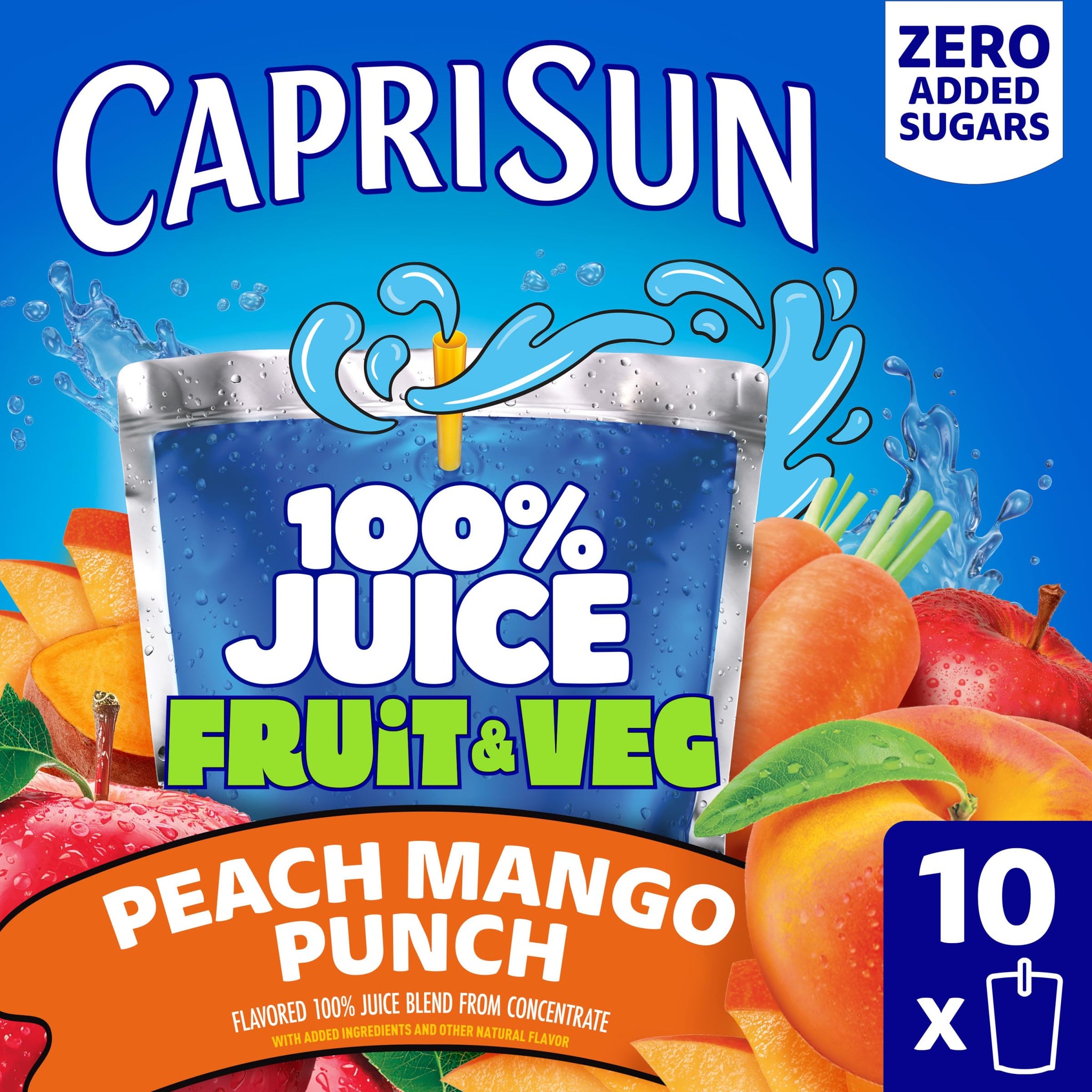 Capri Sun 100% Juice Fruit & Veg Juice Blend from Concentrate, 10 Pouches, for School Lunches and On-the-Go Hydration, Peach Mango Punch, All Natural