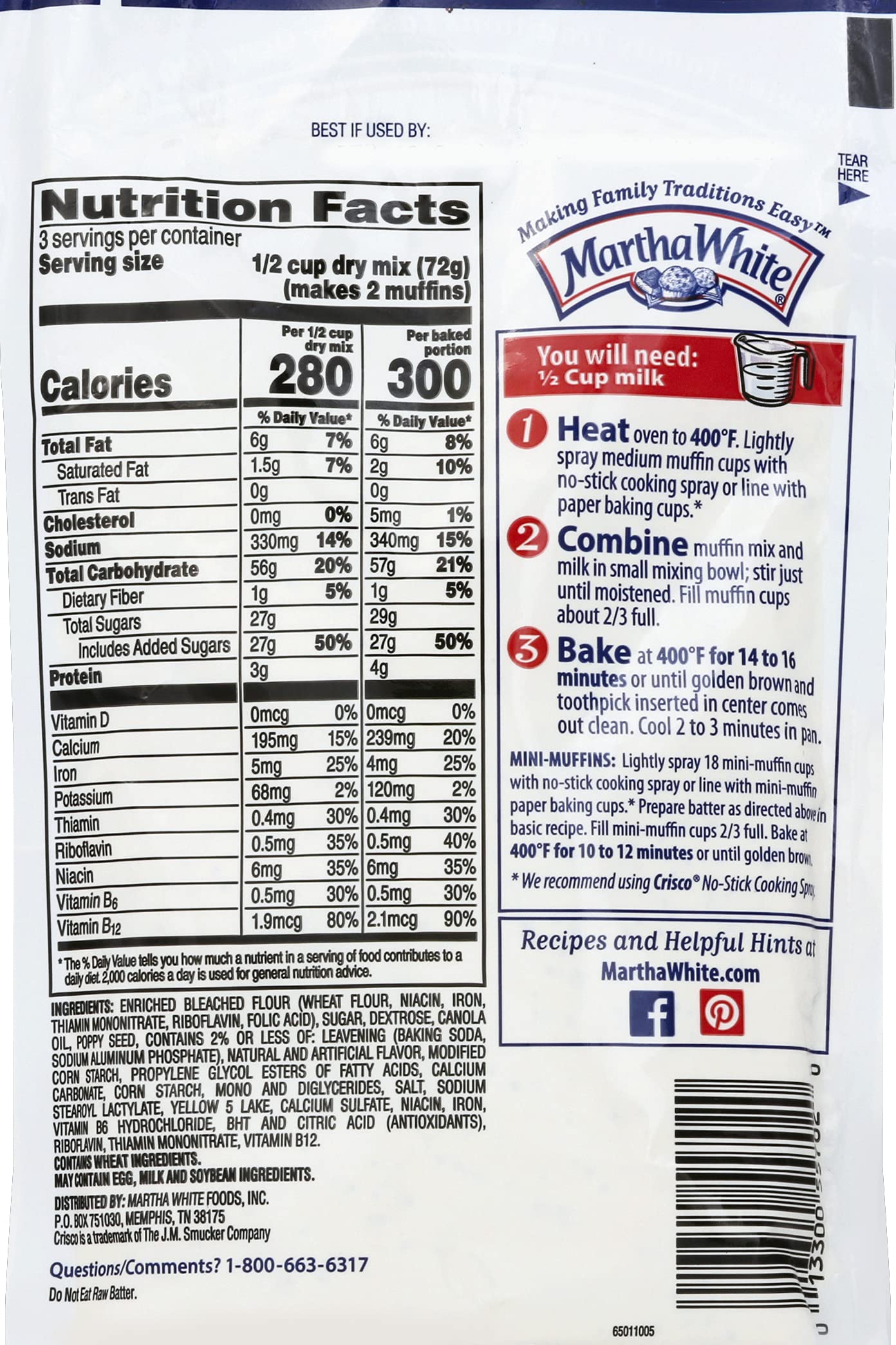 Martha White Lemon Poppy Seed Flavored Muffin Mix, 7.6 oz - Palatize Pack of 6