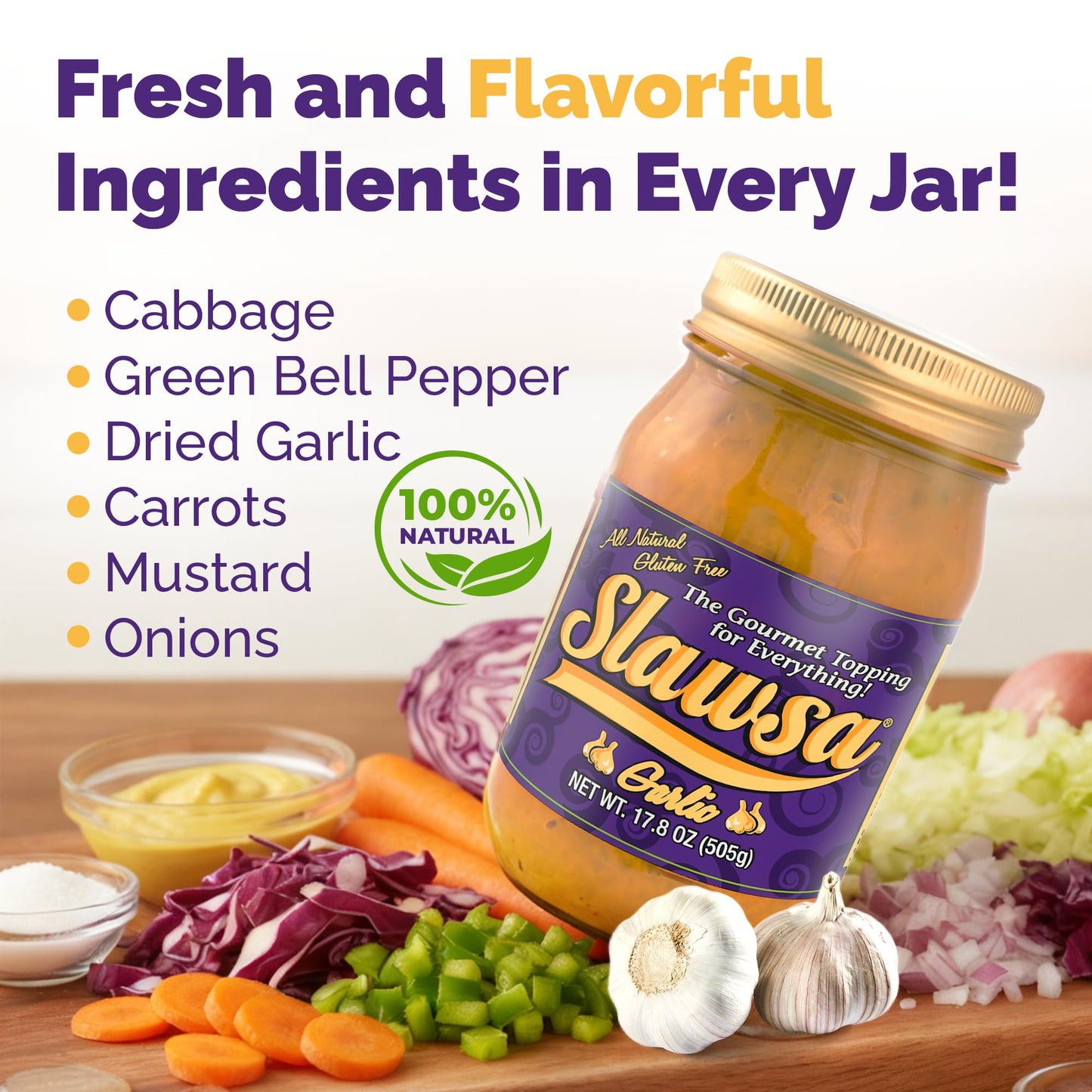 Slawsa Garlic - Real Minced Garlic Gourmet Topping, Savory Relish for Burgers, Gyros, Shawarma, Eggs & more, Never Watery, No Garlic Powder Shortcuts
