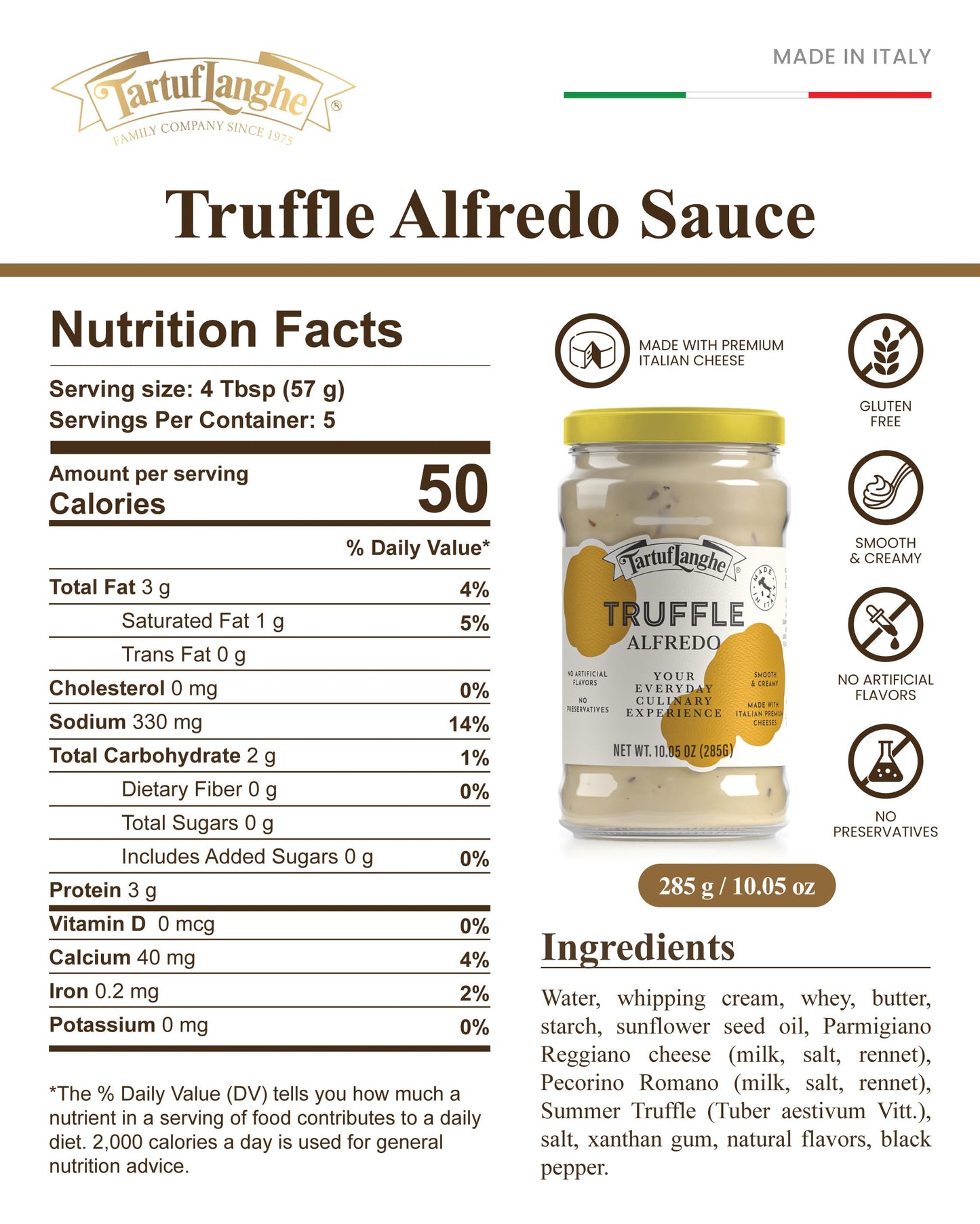 TartufLanghe Black Truffle Alfredo Sauce - Creamy Pasta Sauce with Parmigiano Reggiano, Pecorino Romano DOP Cheese, and Summer Black Truffle