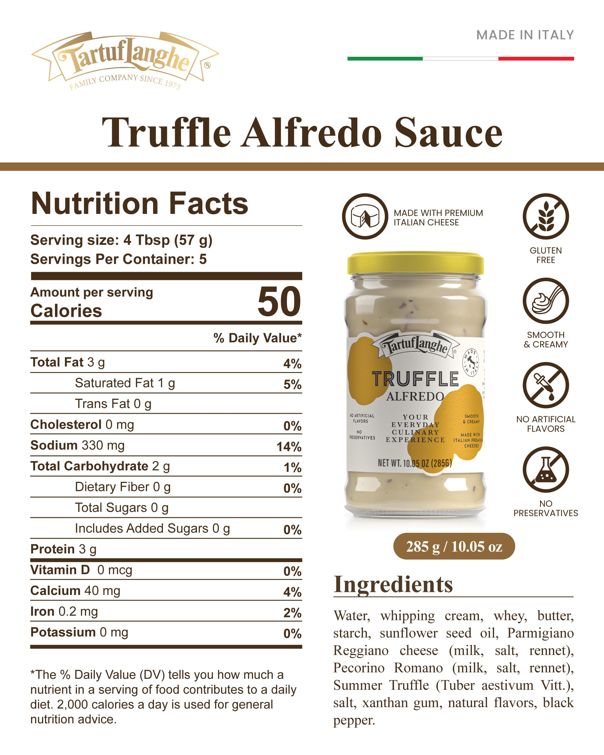 TartufLanghe Black Truffle Alfredo Sauce - Creamy Pasta Sauce with Parmigiano Reggiano, Pecorino Romano DOP Cheese, and Summer Black Truffle
