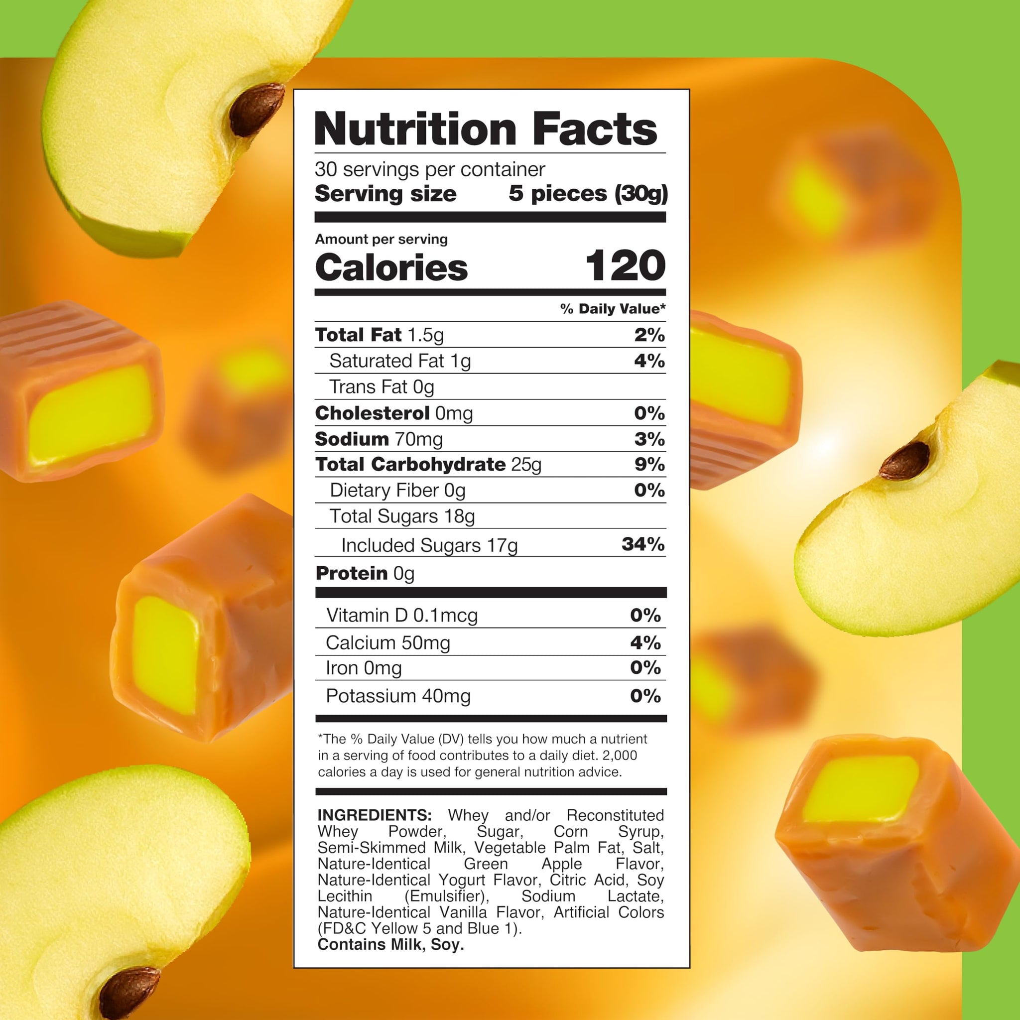 Caramel Cubes Candy - 2 Pound Pack (150 Count) - Green Apple Filling - Individually Wrapped