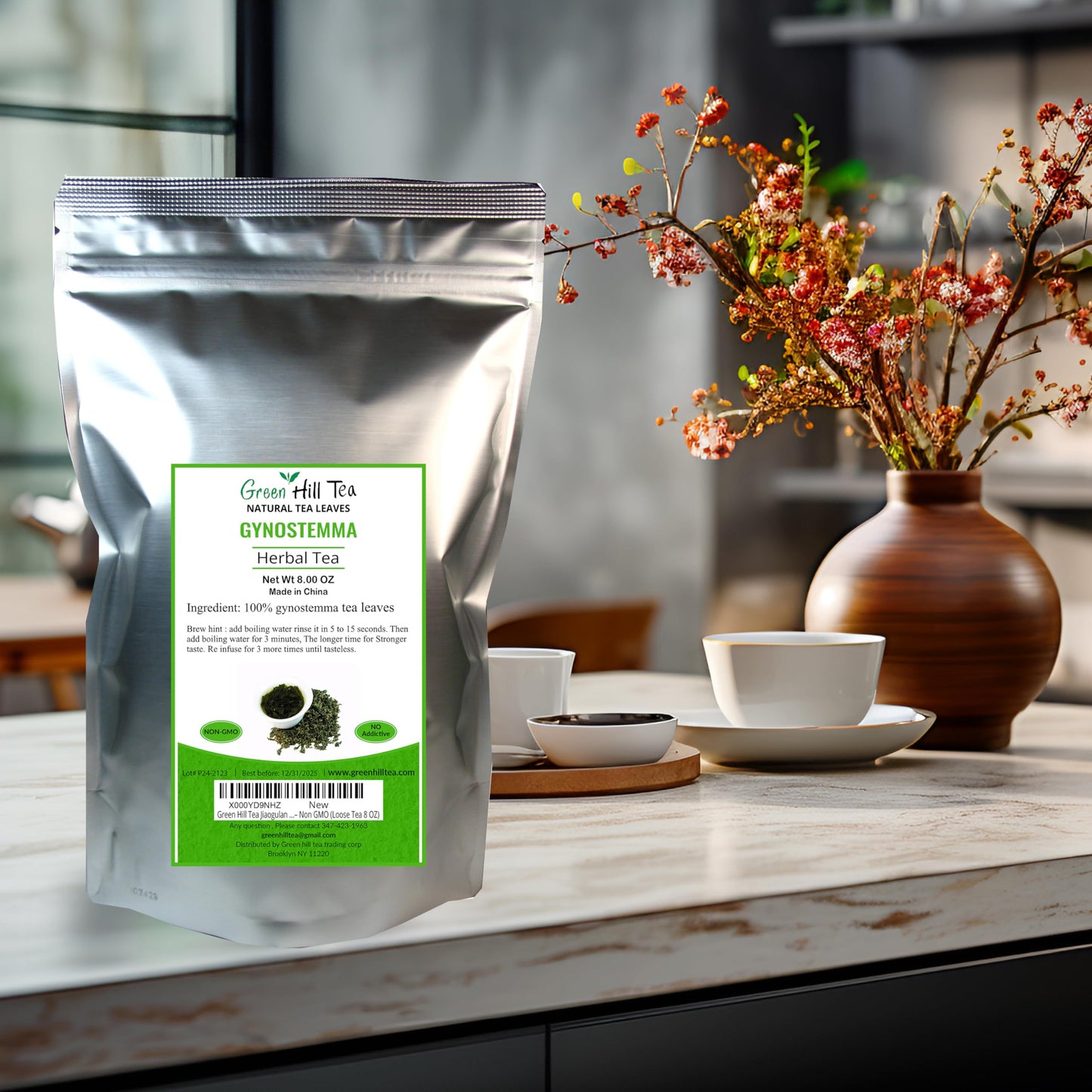 Green Hill Tea Jiaogulan Loose Leaf Tea - Caffeine-Free Ginseng Variety - Pure Gynostemma Herbal Tea - Non GMO ziplock bag 8 OZ
