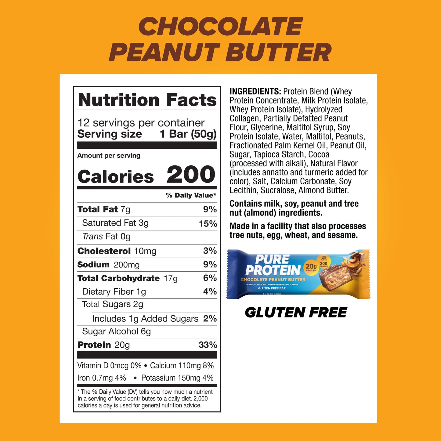 Pure Protein Chocolate Peanut Butter Protein Bars - 20g Protein, 3g Sugar, 190 Calories (12 count) Low Sugar* High Protein Snack - Gluten Free